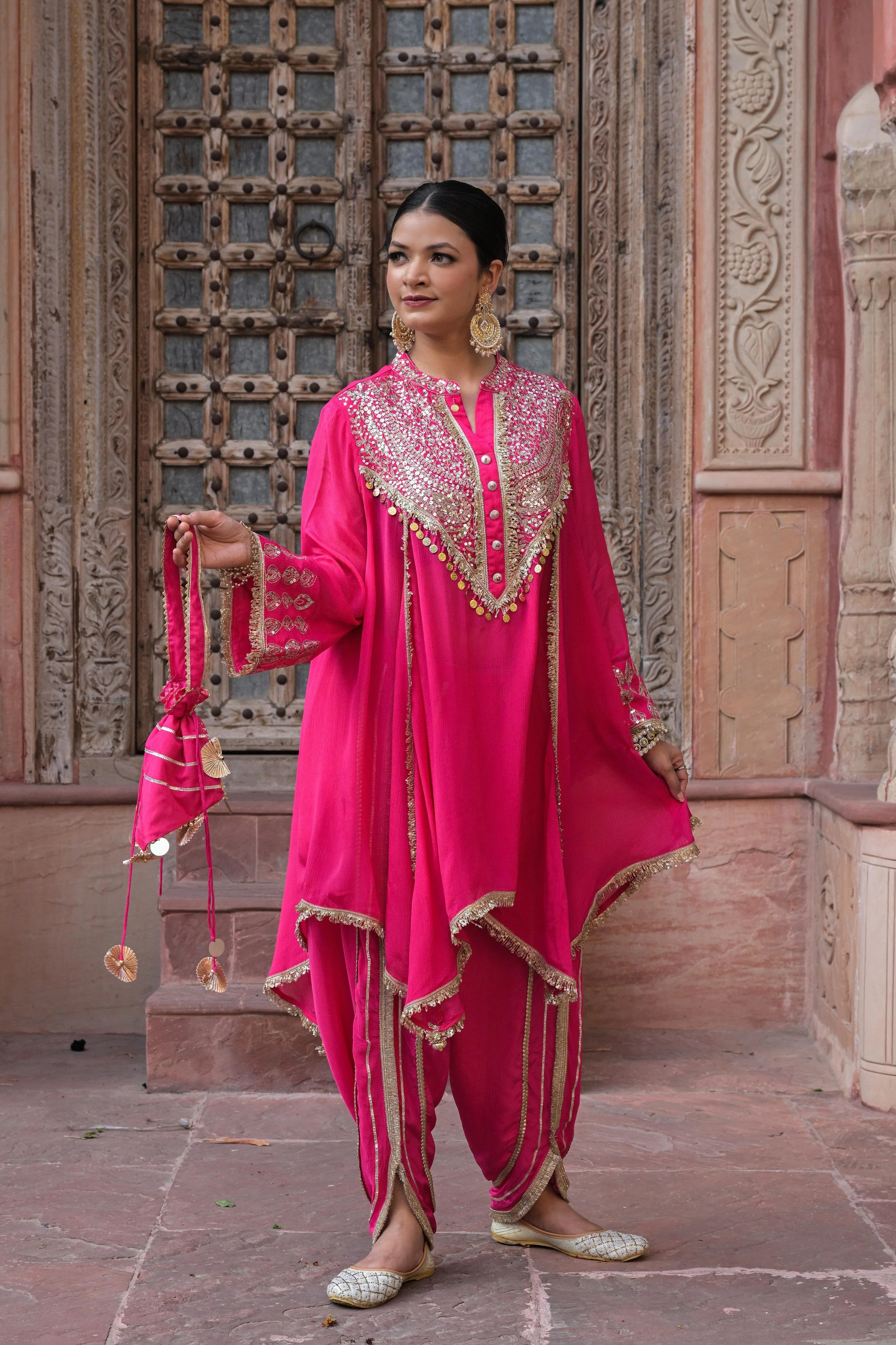 Bright Pink Embellished Chinon Silk Dhoti Set - Image 3