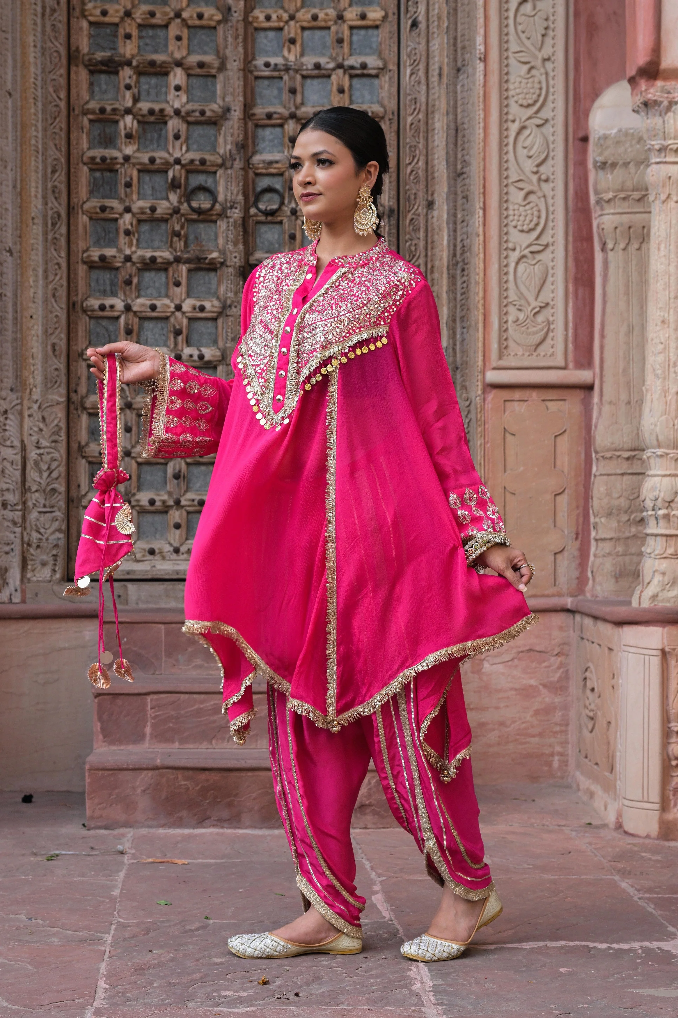 Bright Pink Embellished Chinon Silk Dhoti Set - Image 4