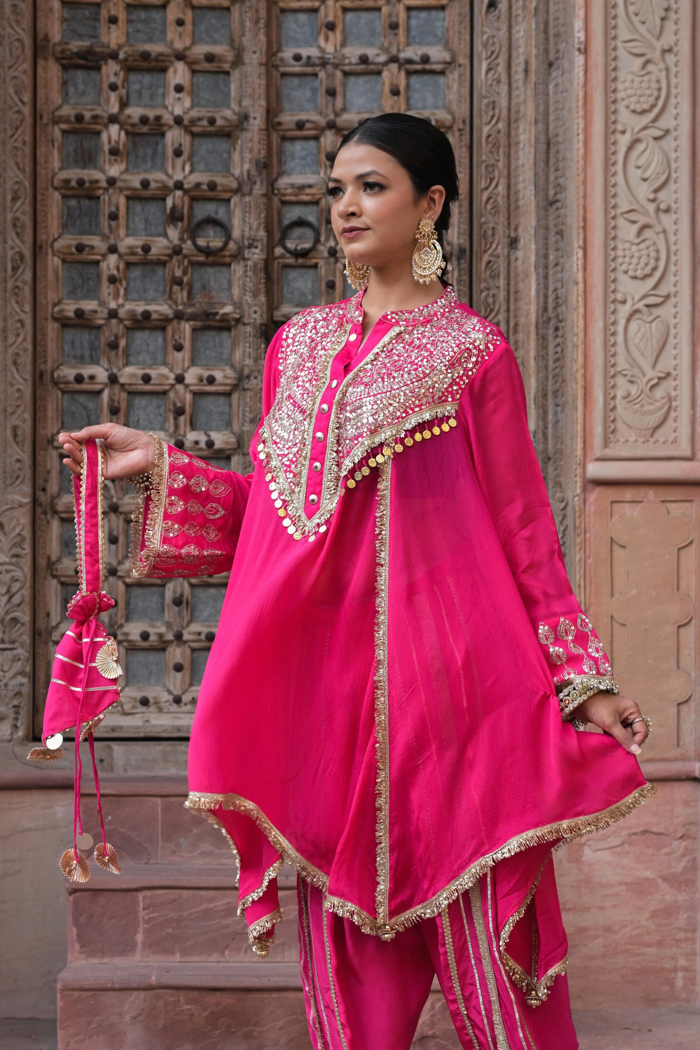 Bright Pink Embellished Chinon Silk Dhoti Set - Image 5