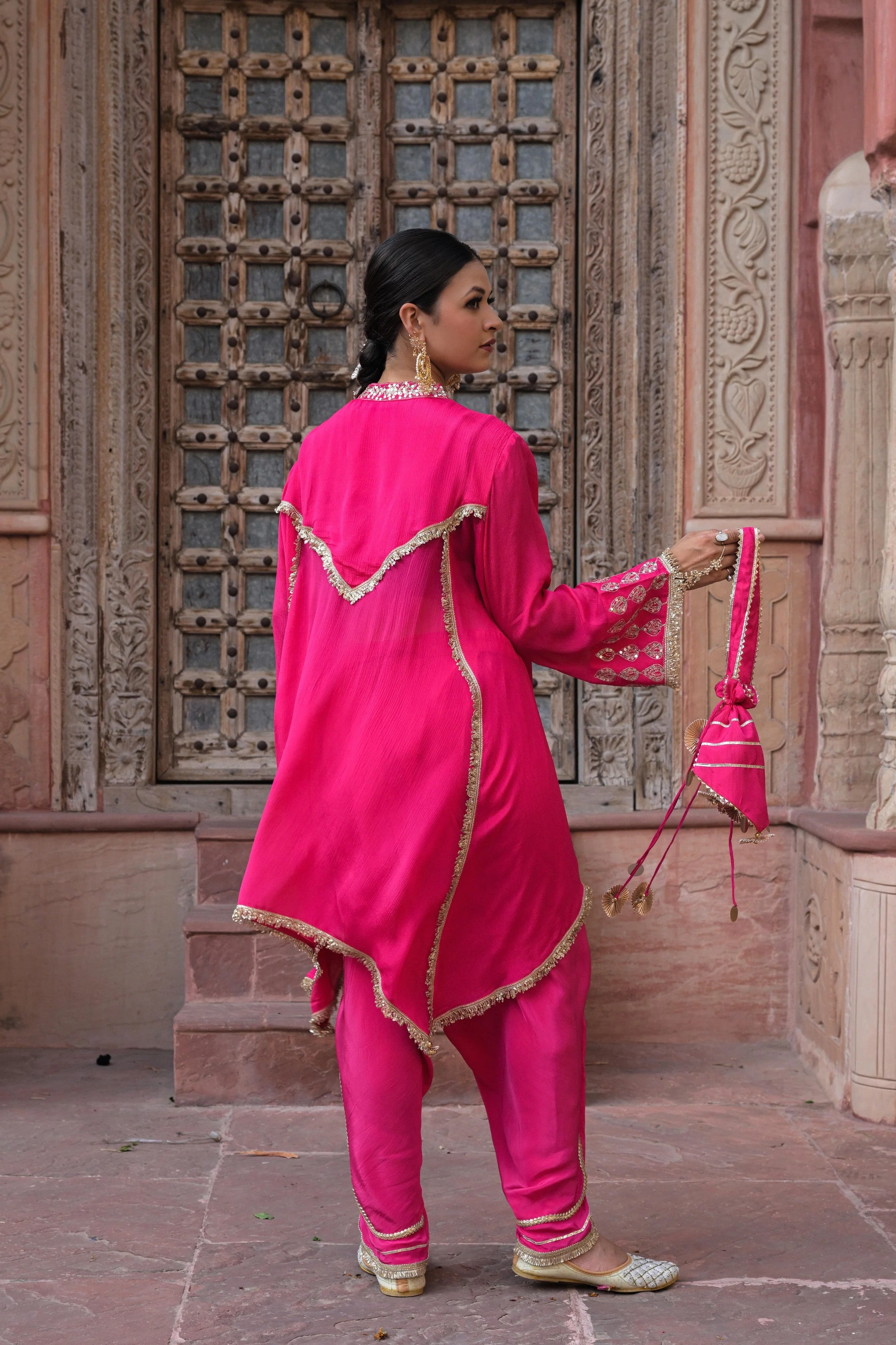 Bright Pink Embellished Chinon Silk Dhoti Set - Image 6