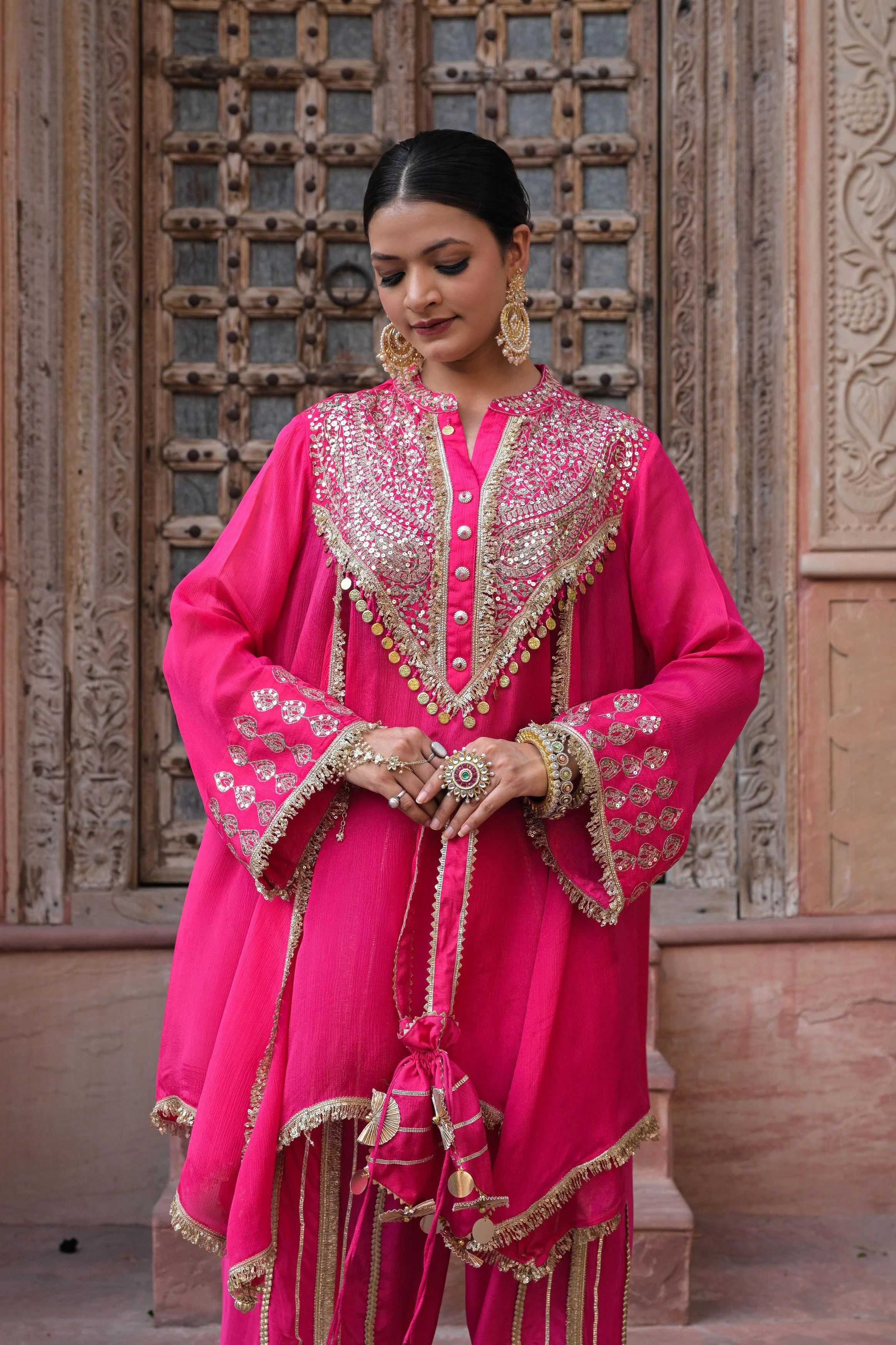 Bright Pink Embellished Chinon Silk Dhoti Set - Image 7