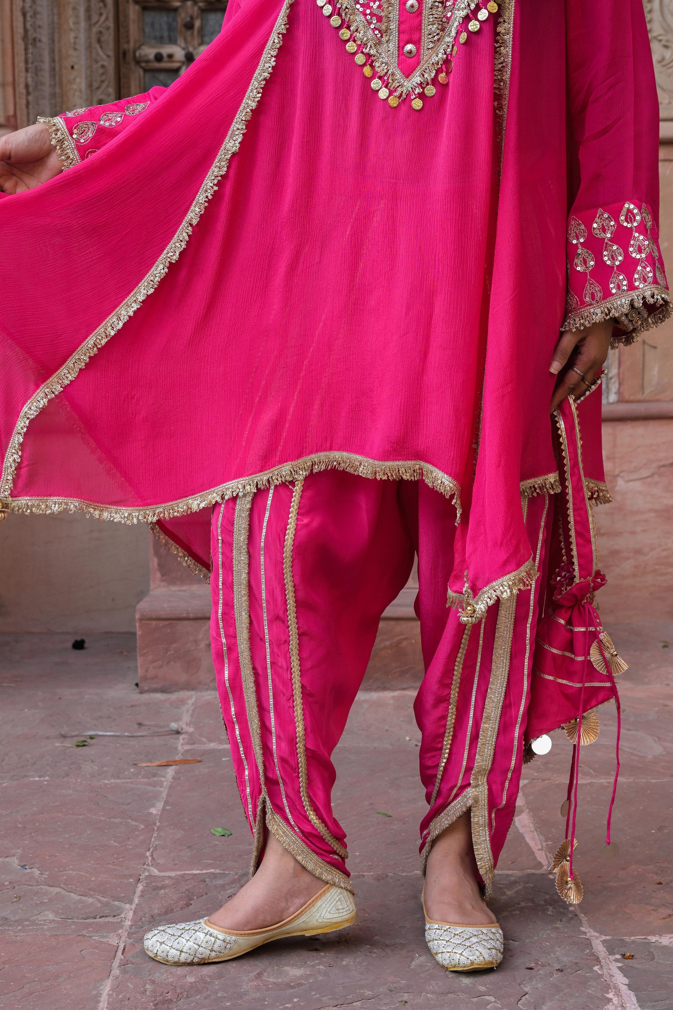 Bright Pink Embellished Chinon Silk Dhoti Set - Image 8