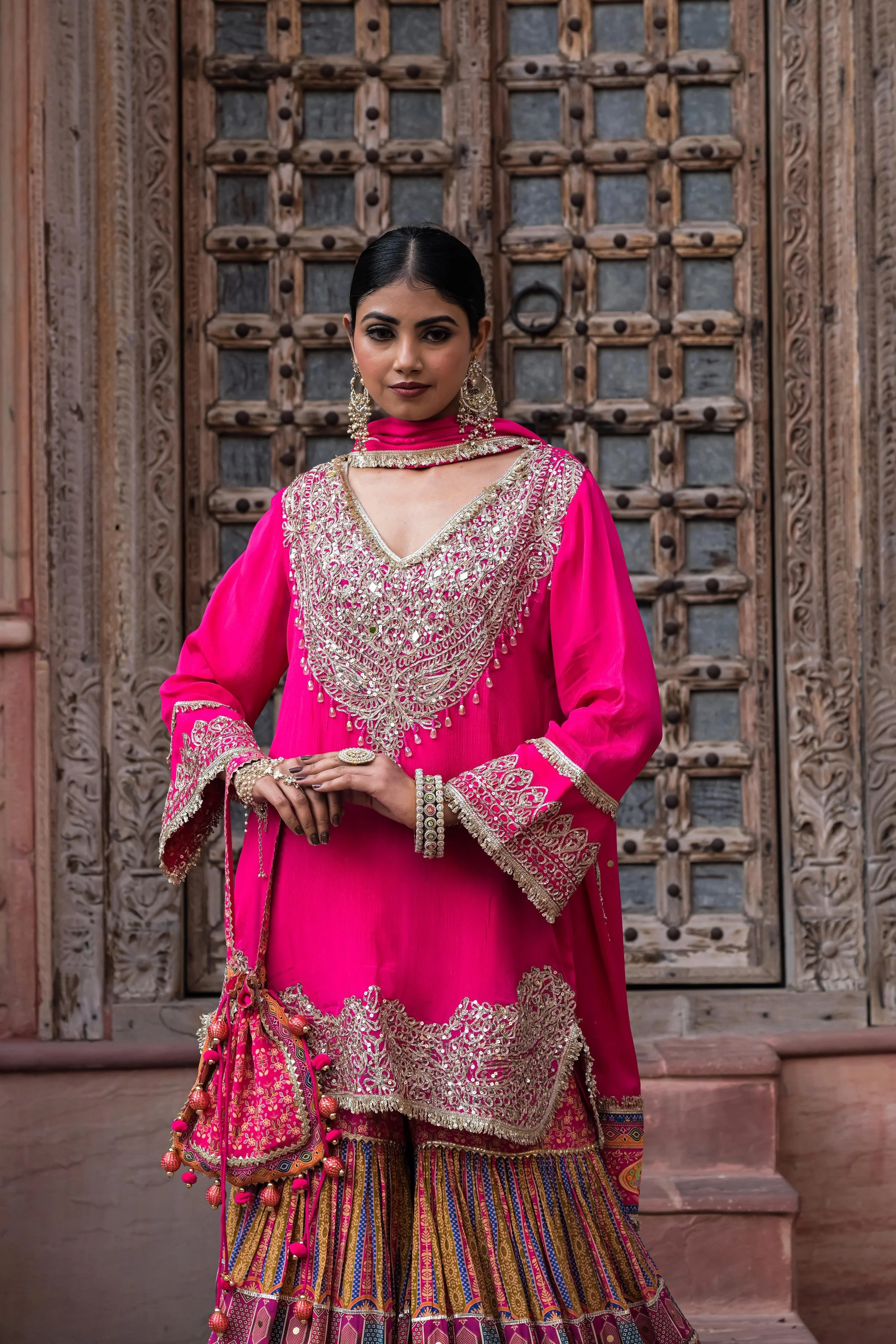 Hot Pink Embellished Chinon Silk Sharara Set - Image 3