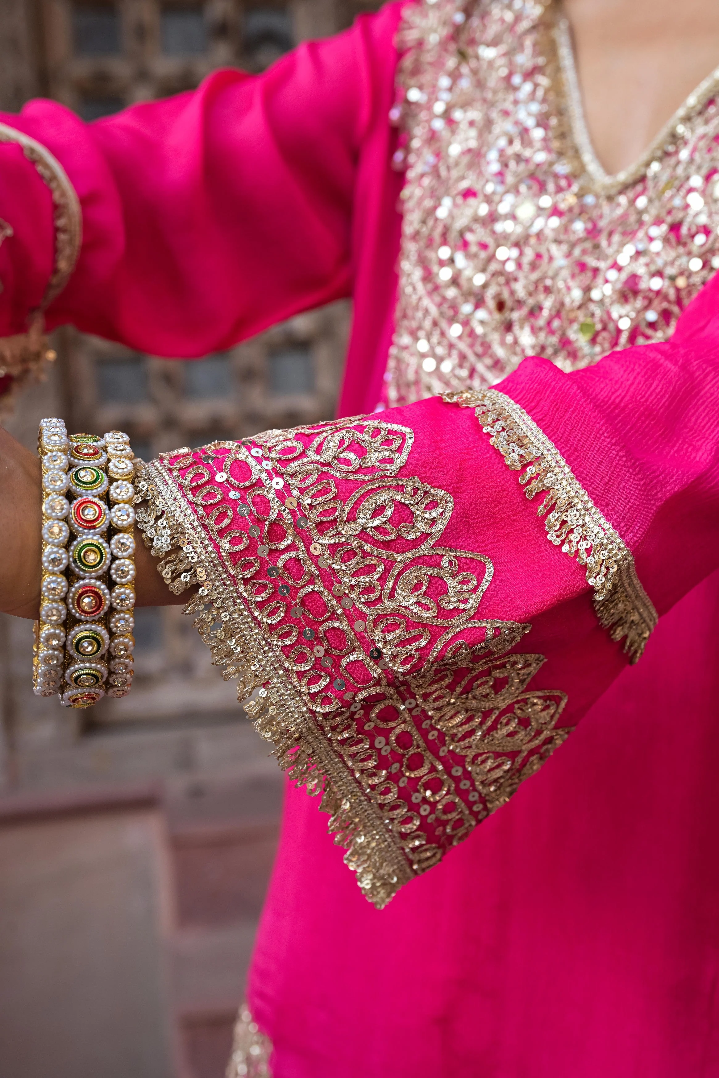 Hot Pink Embellished Chinon Silk Sharara Set - Image 4