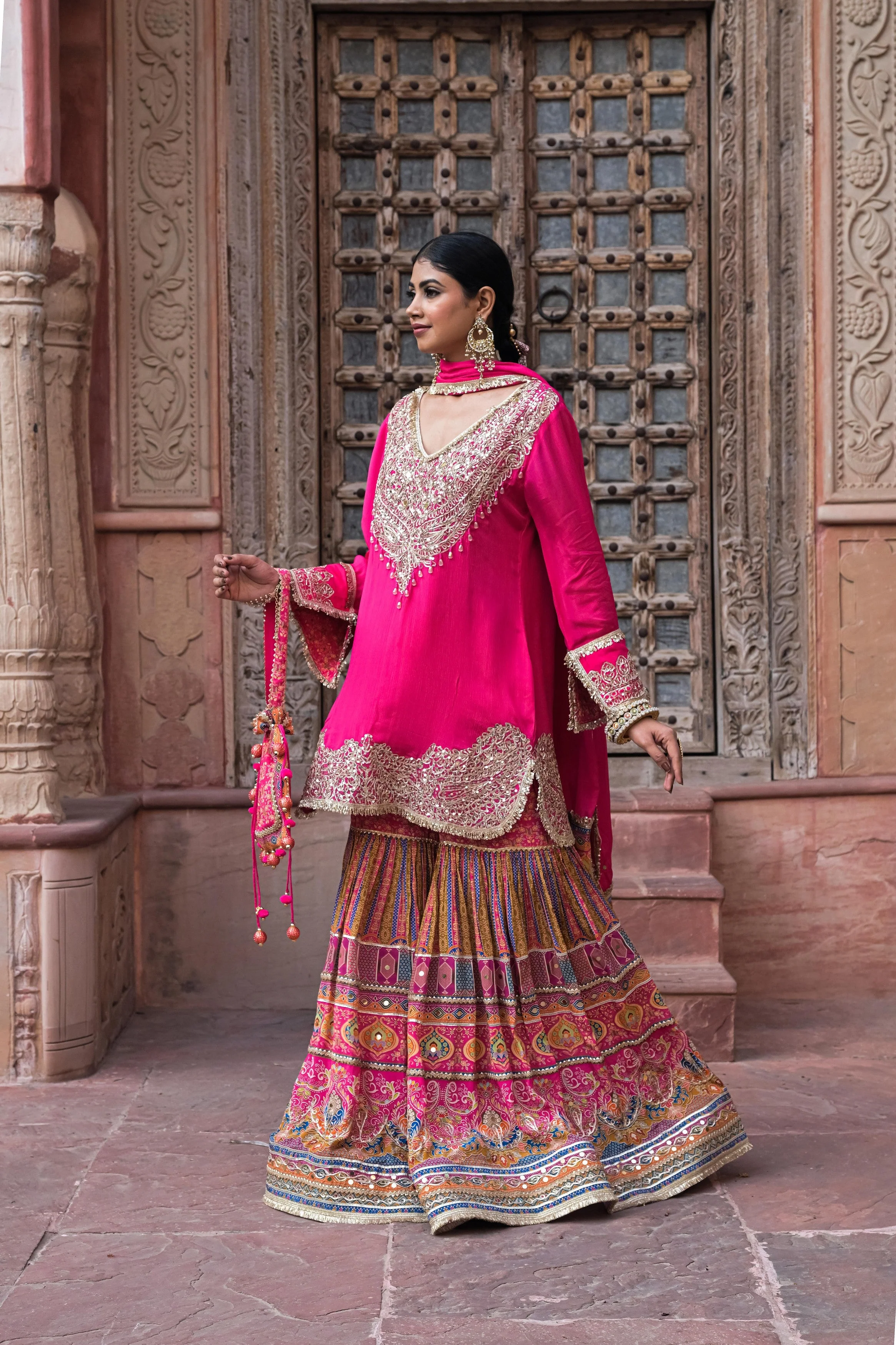 Hot Pink Embellished Chinon Silk Sharara Set - Image 5