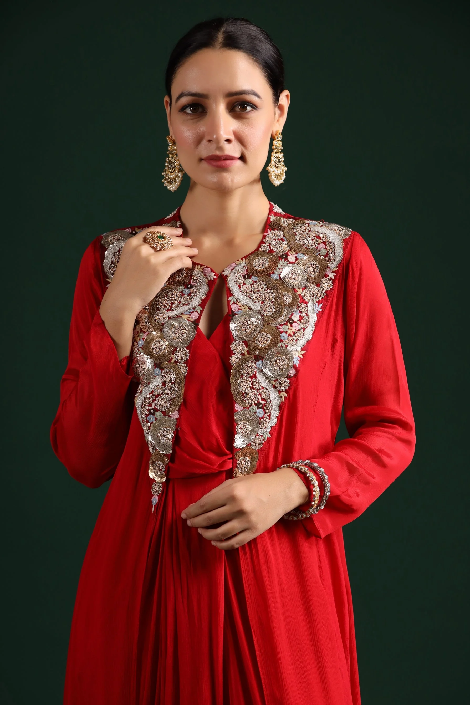 Bright Red Embellished Draped Cape Dress - Image 2