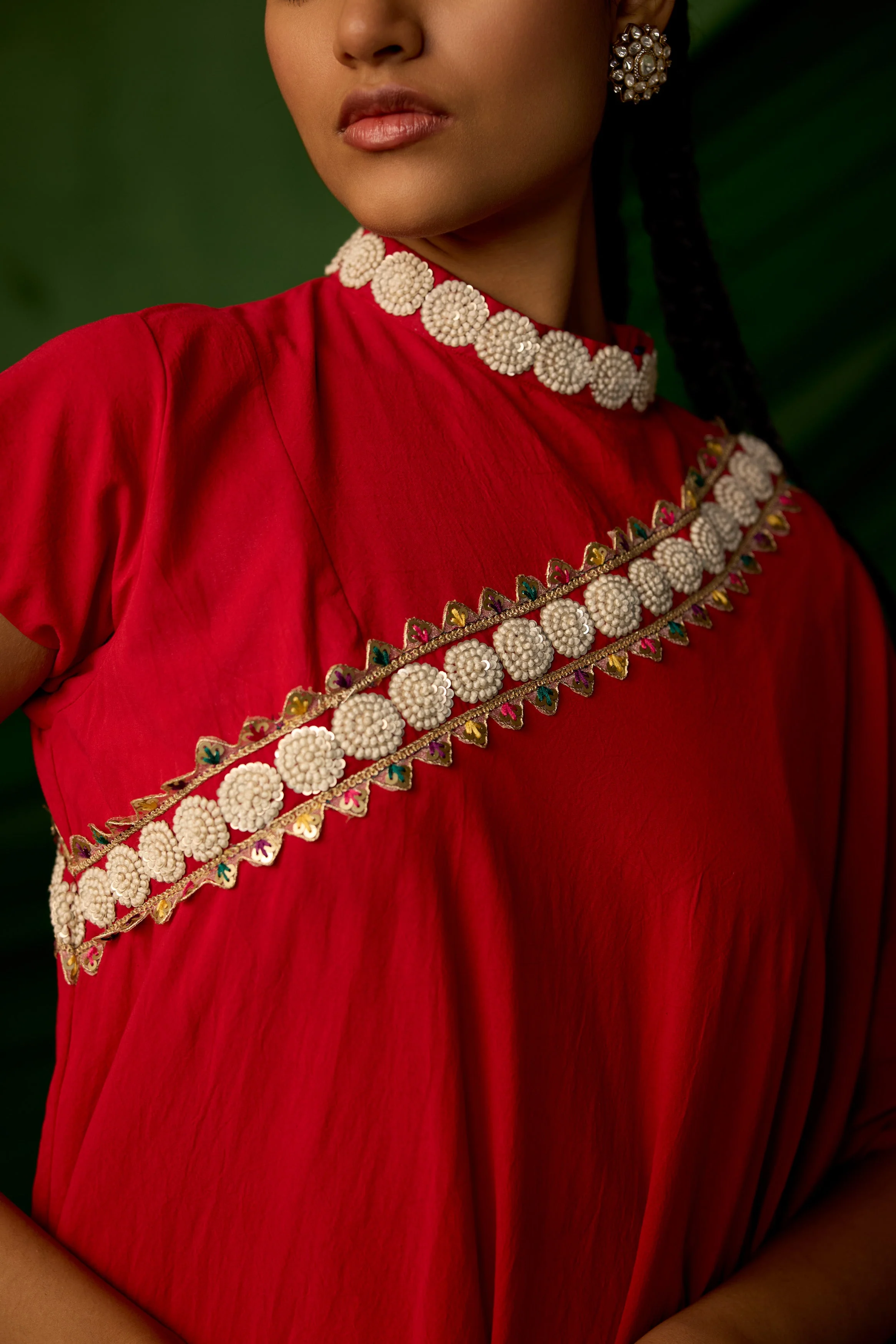 Bright Red Embellished Premium Silk Gown - Image 2