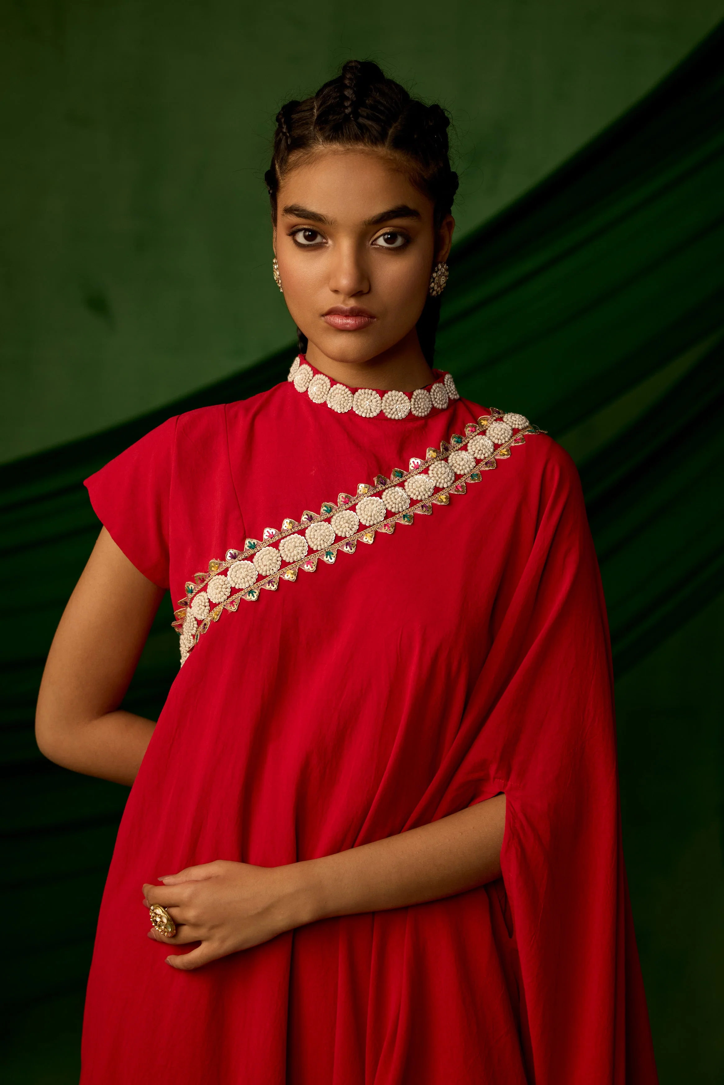 Bright Red Embellished Premium Silk Gown - Image 3