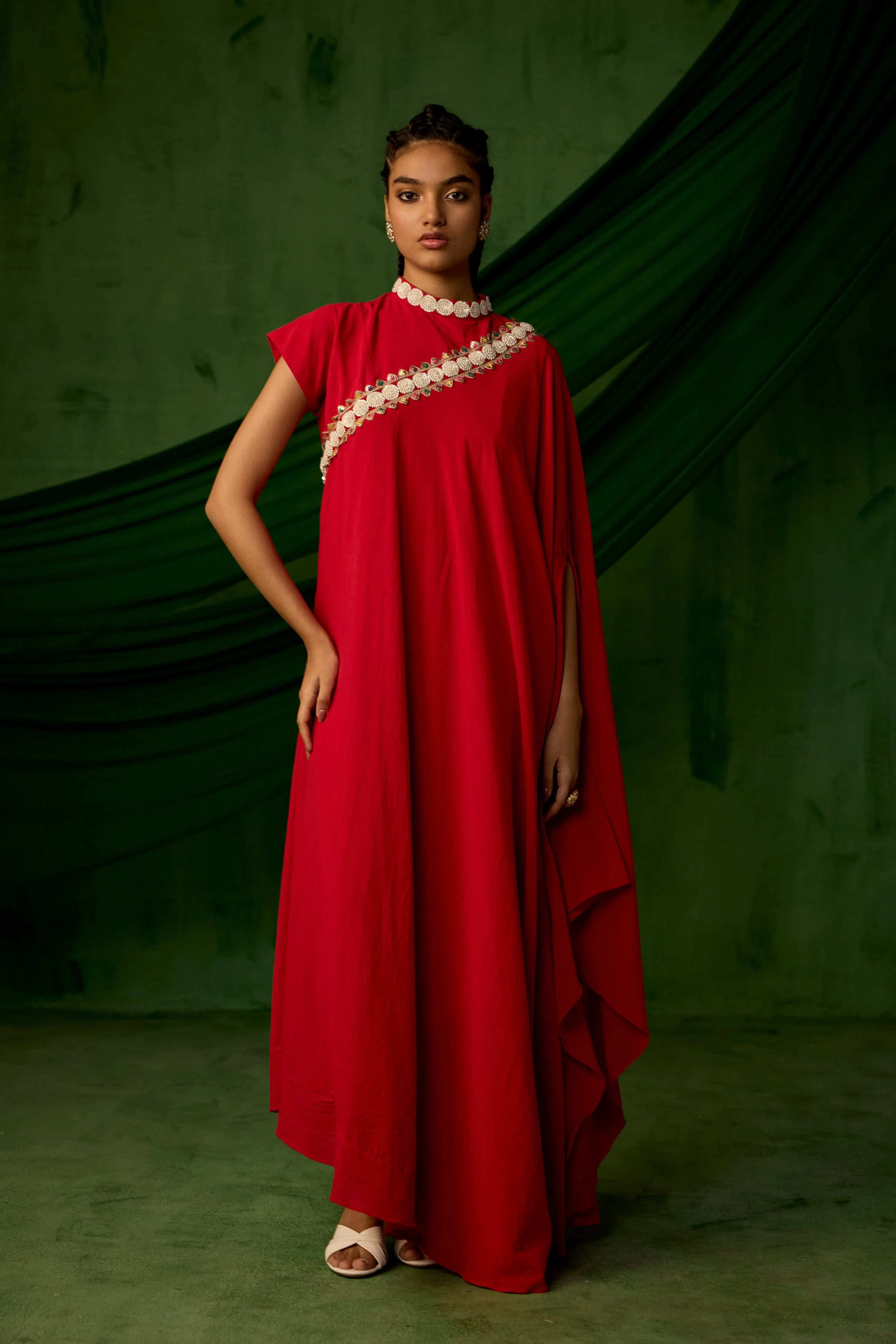 Bright Red Embellished Premium Silk Gown - Image 4