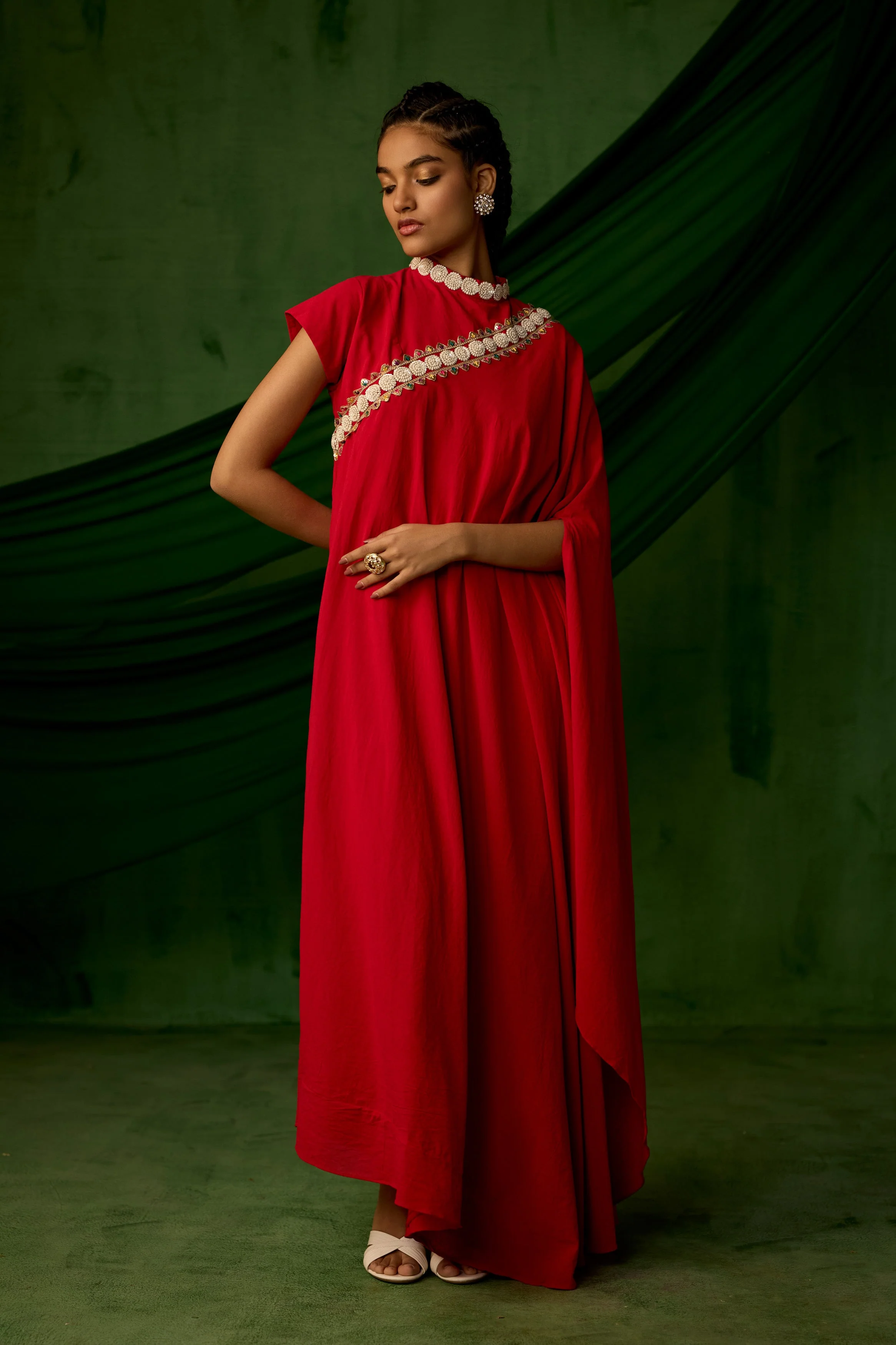 Bright Red Embellished Premium Silk Gown - Image 5