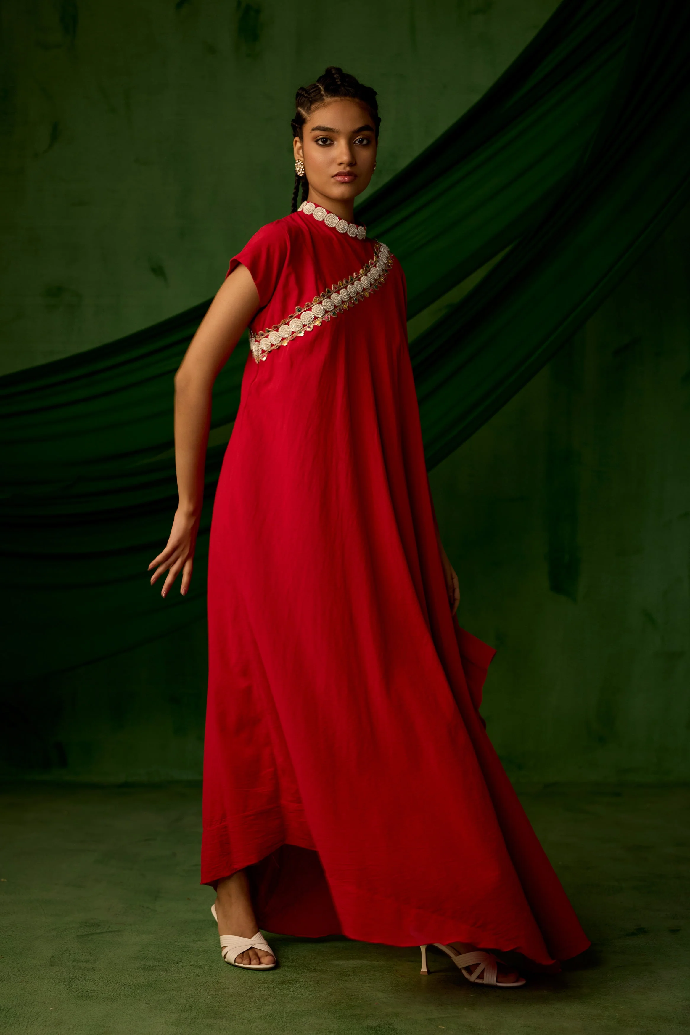 Bright Red Embellished Premium Silk Gown - Image 6