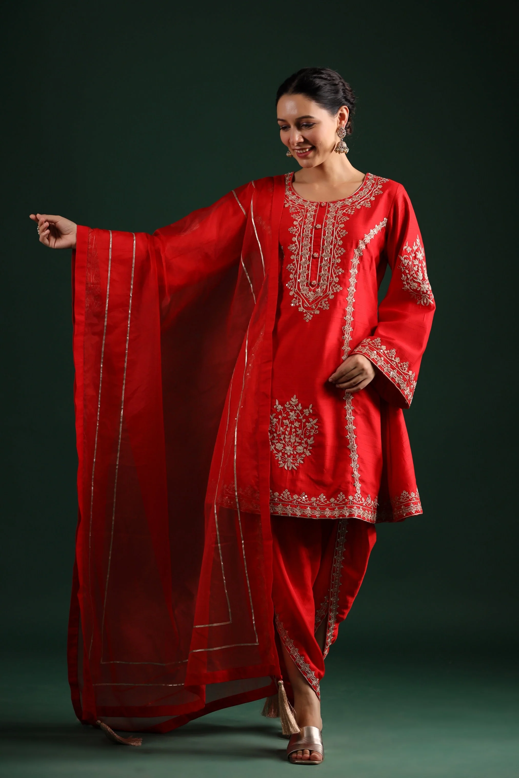 Bright Red Embellished Raw Silk Dhoti Pants Set - Image 3