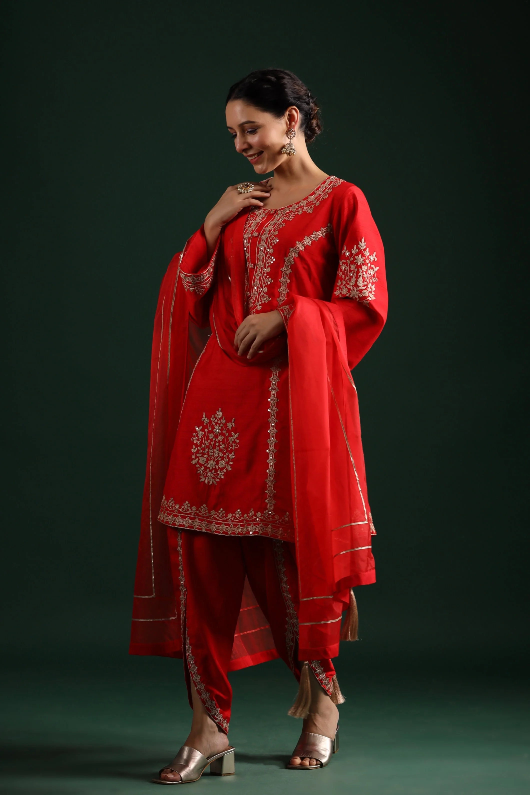 Bright Red Embellished Raw Silk Dhoti Pants Set - Image 4