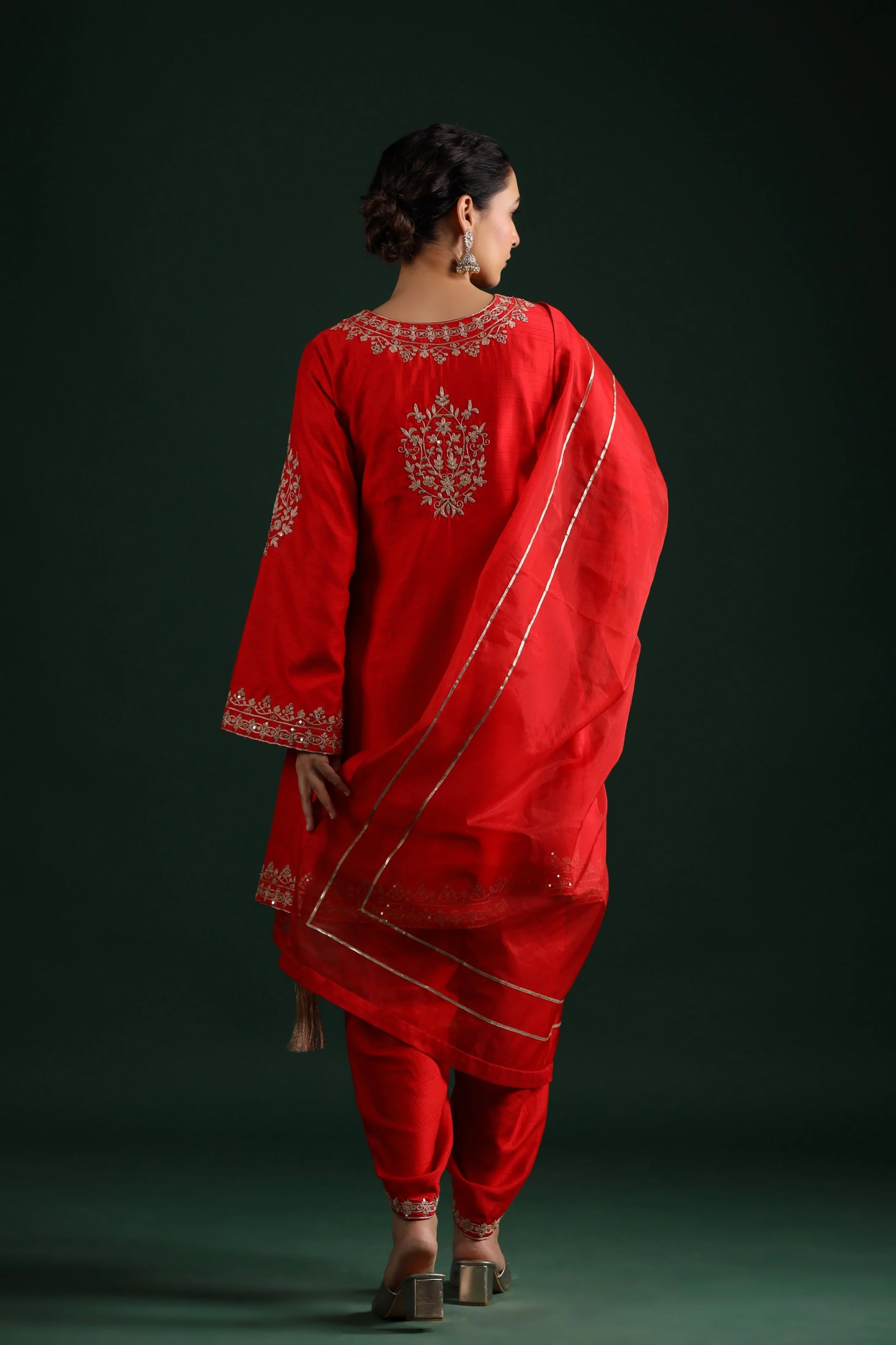 Bright Red Embellished Raw Silk Dhoti Pants Set - Image 5