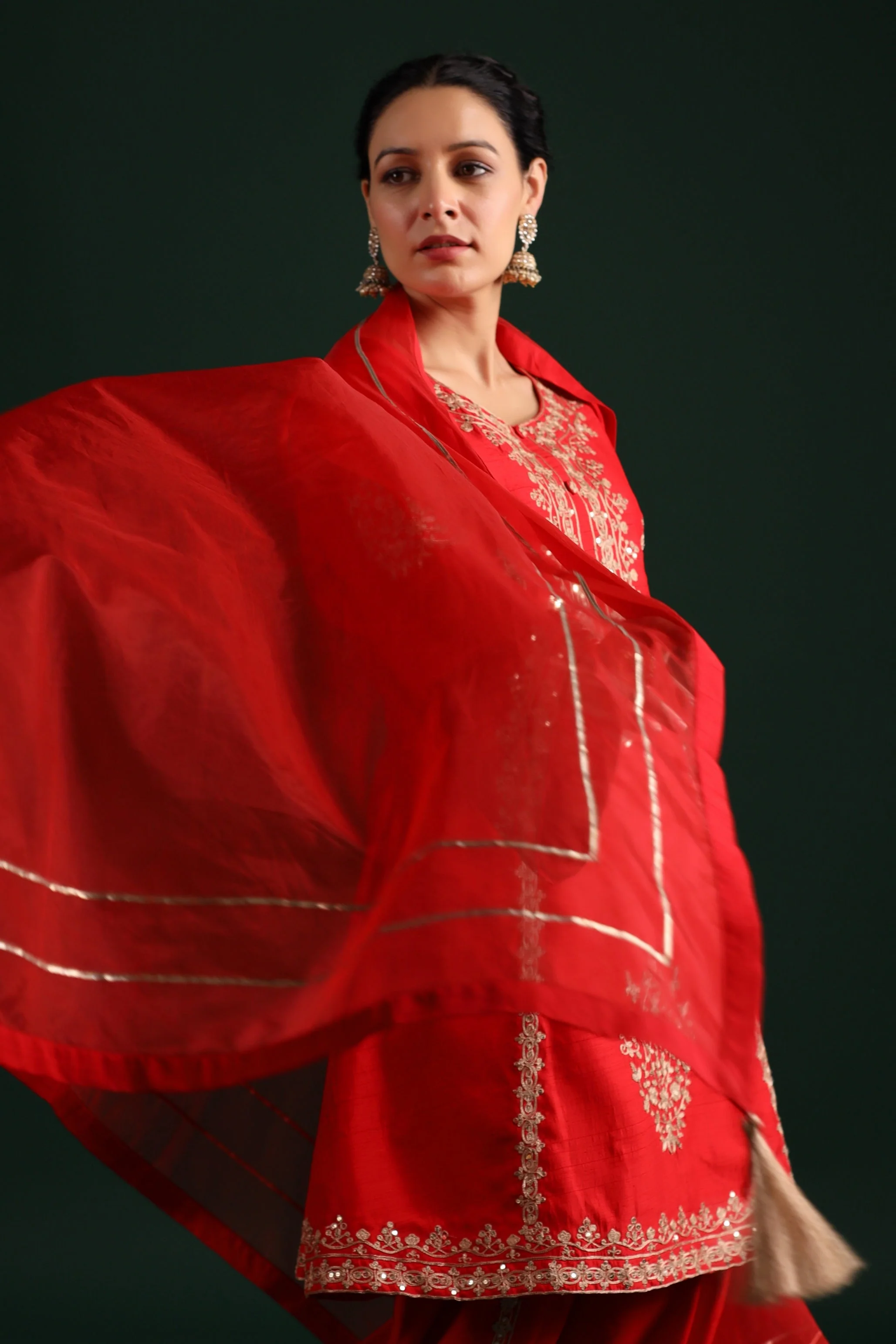 Bright Red Embellished Raw Silk Dhoti Pants Set - Image 6