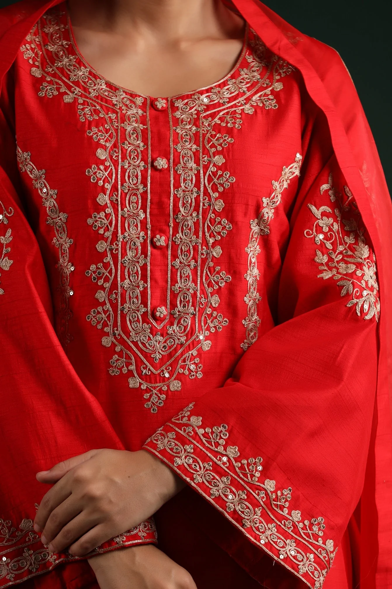 Bright Red Embellished Raw Silk Dhoti Pants Set - Image 7