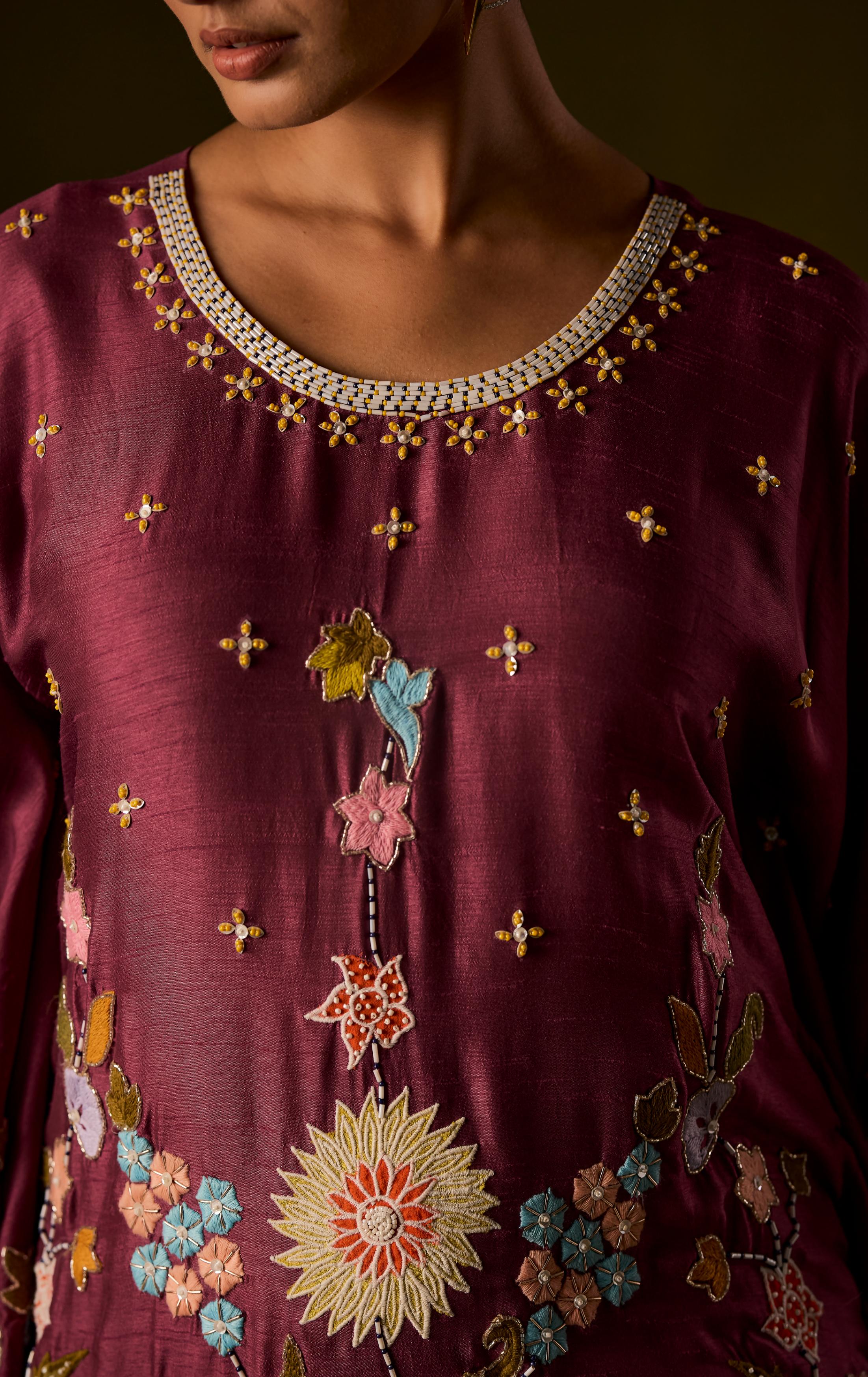 Pastel Purple Embellished Raw Silk Kaftan Pant Set - Image 2