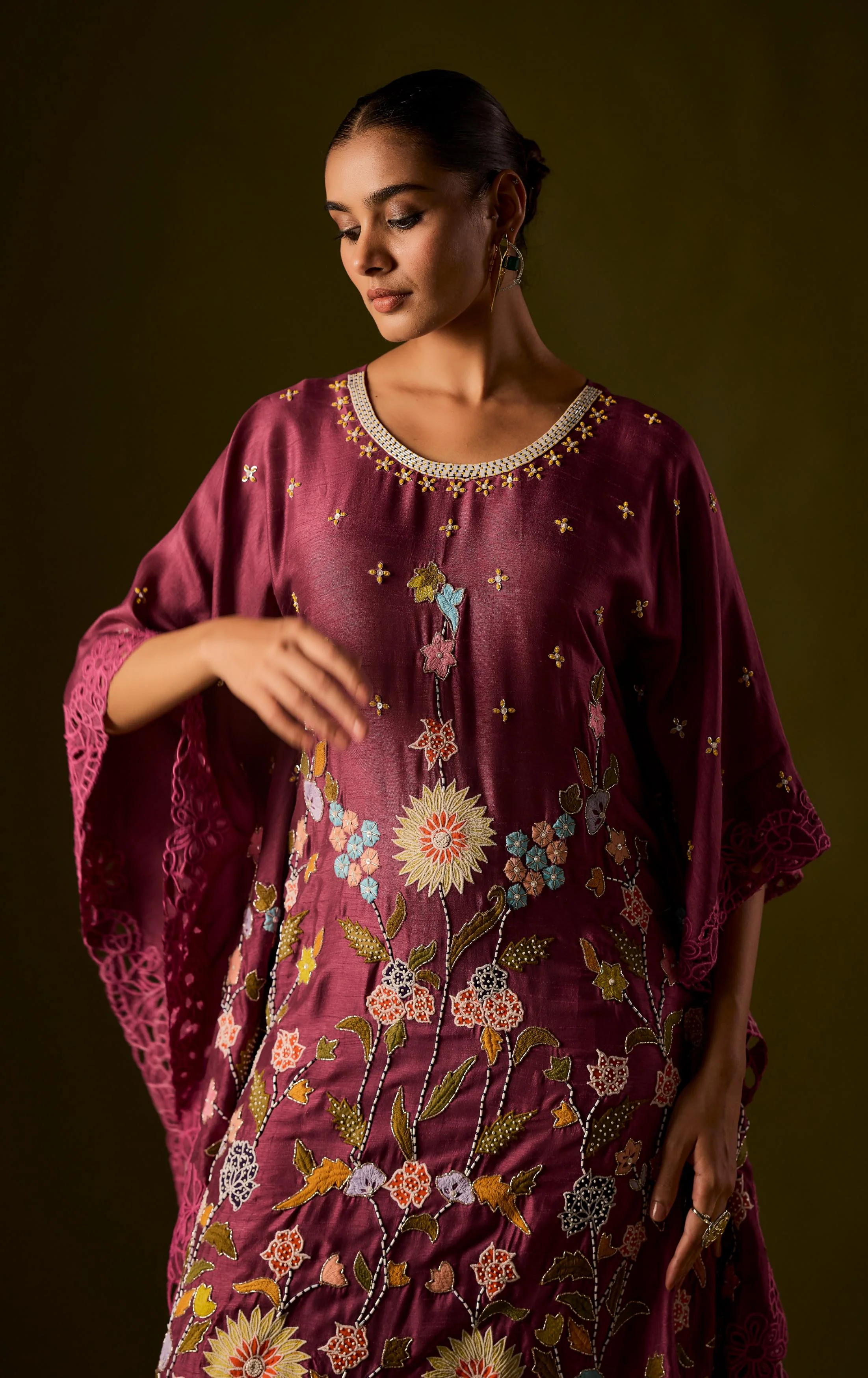 Pastel Purple Embellished Raw Silk Kaftan Pant Set - Image 3