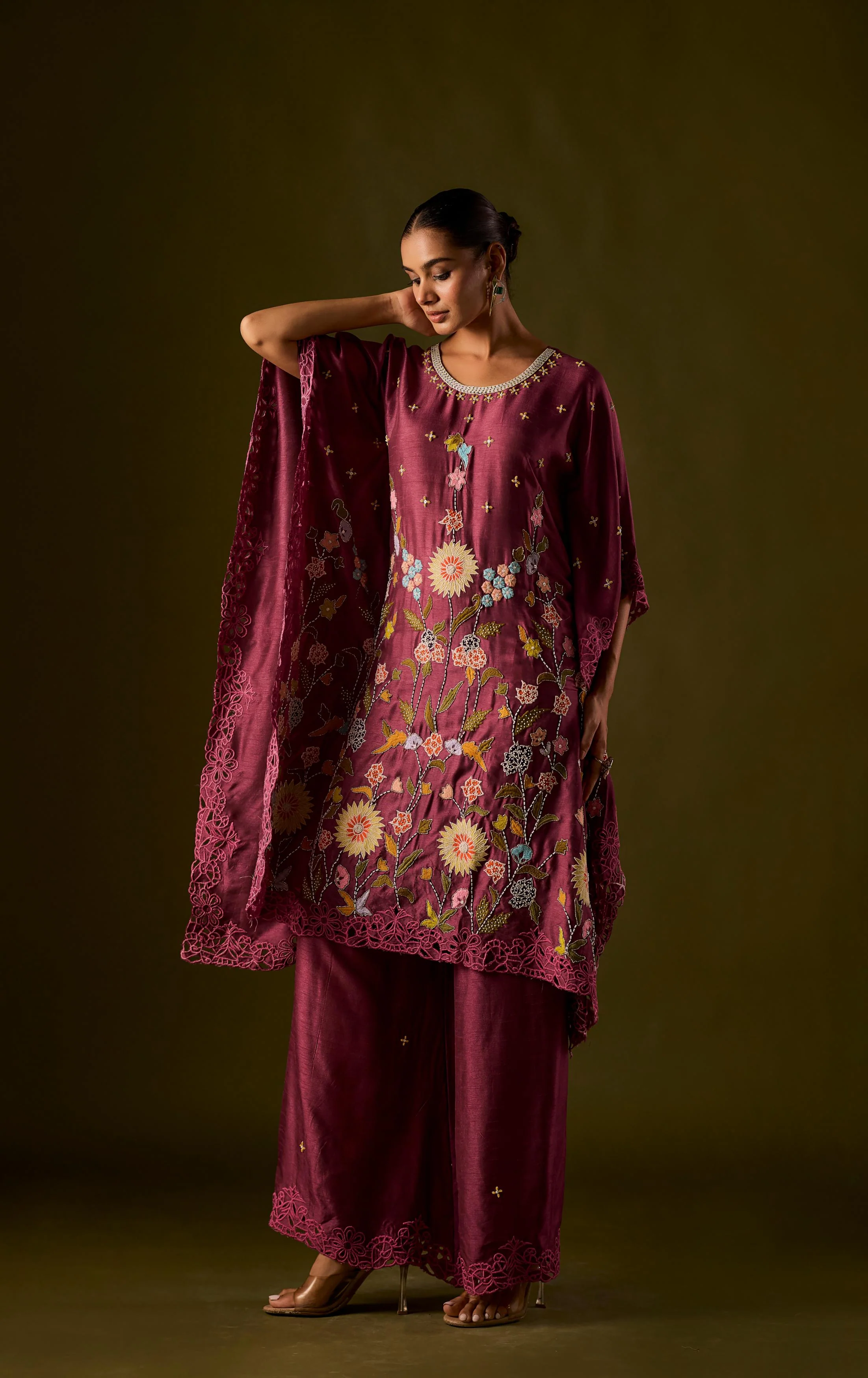 Pastel Purple Embellished Raw Silk Kaftan Pant Set - Image 4