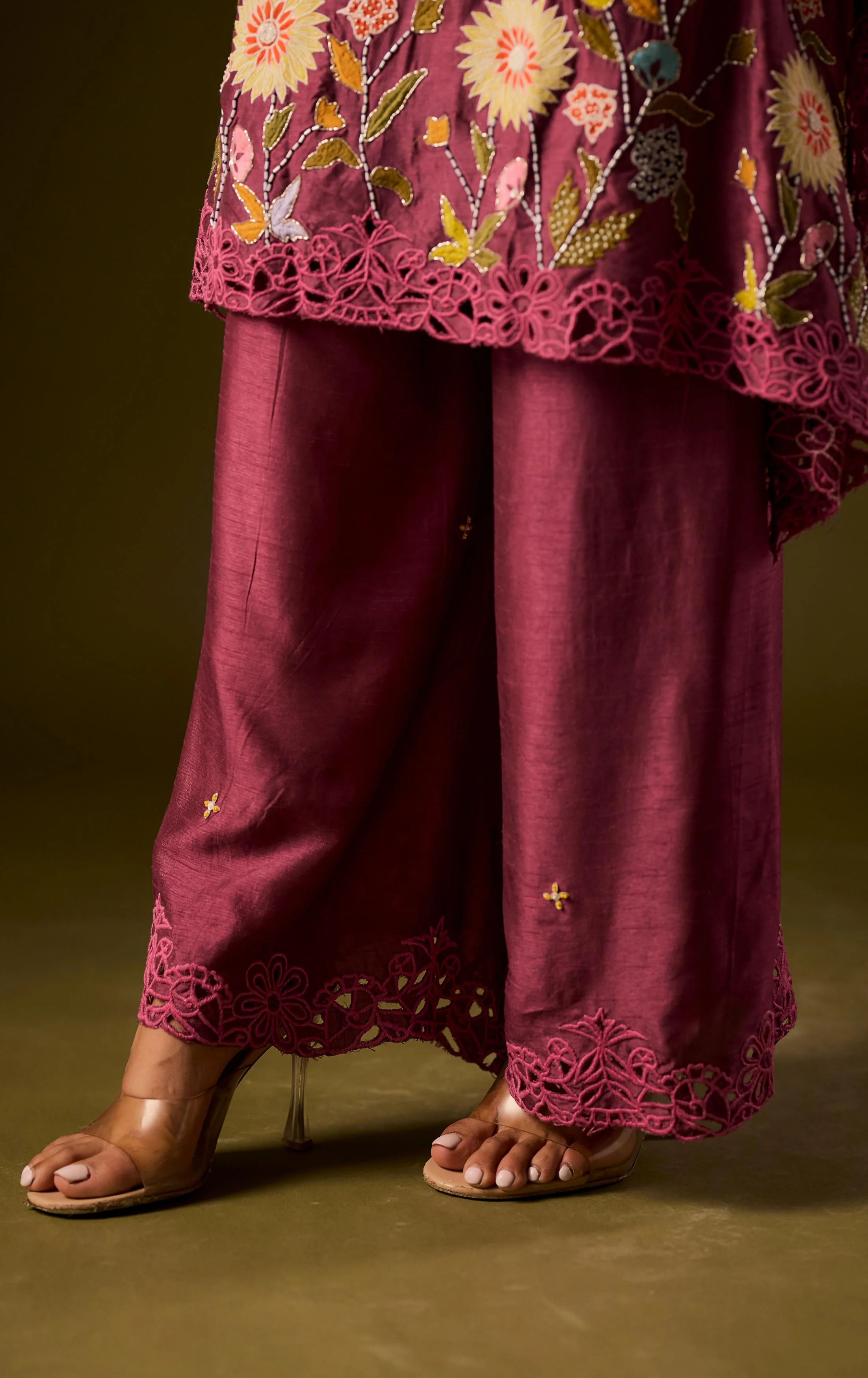 Pastel Purple Embellished Raw Silk Kaftan Pant Set - Image 5