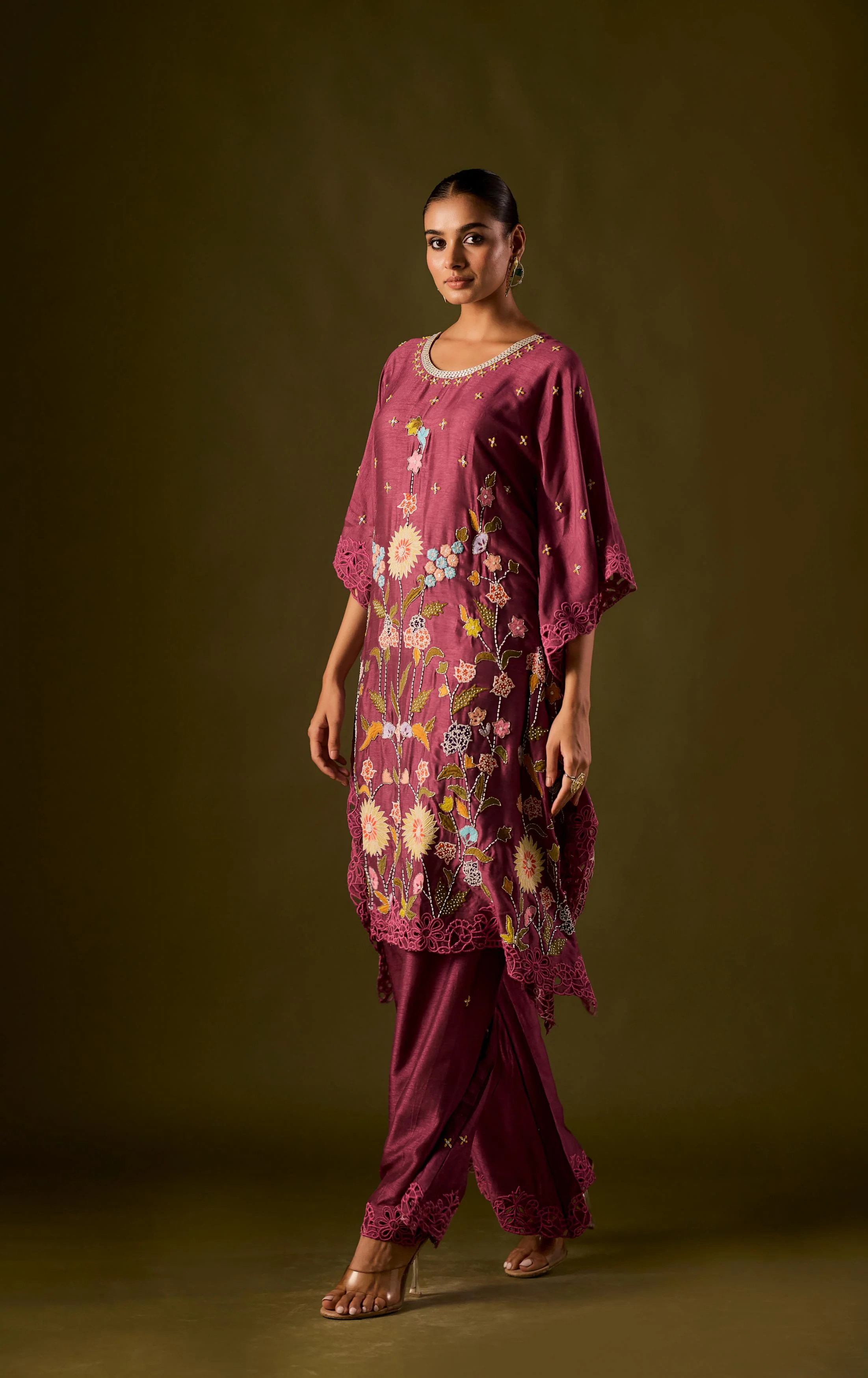 Pastel Purple Embellished Raw Silk Kaftan Pant Set - Image 6