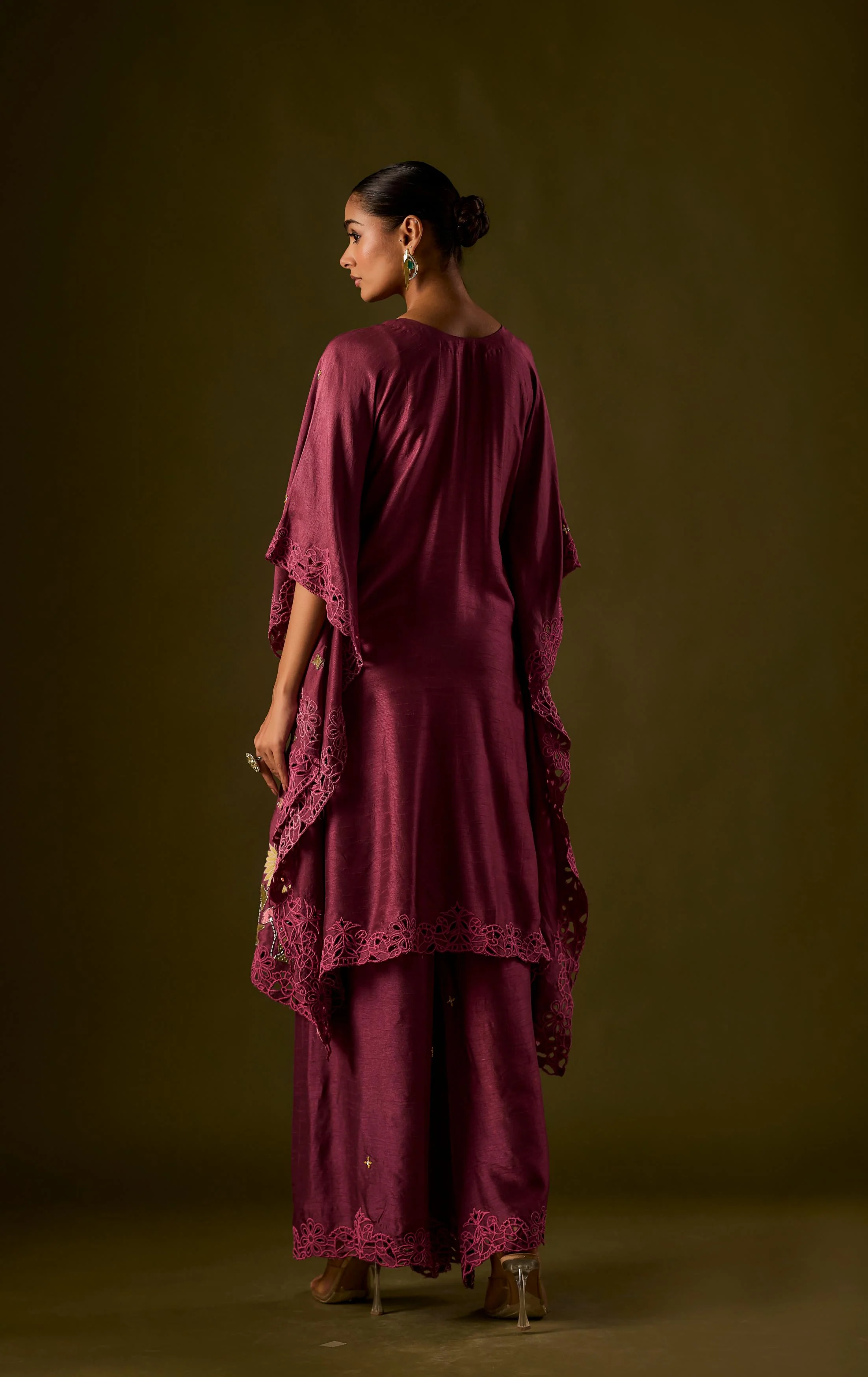 Pastel Purple Embellished Raw Silk Kaftan Pant Set - Image 7