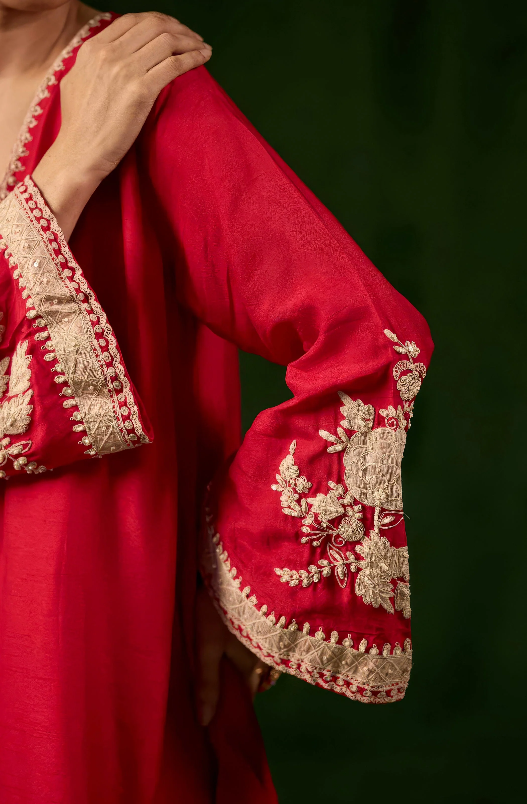 Bright Red Embellished Raw Silk Co-Ord Set - Image 3