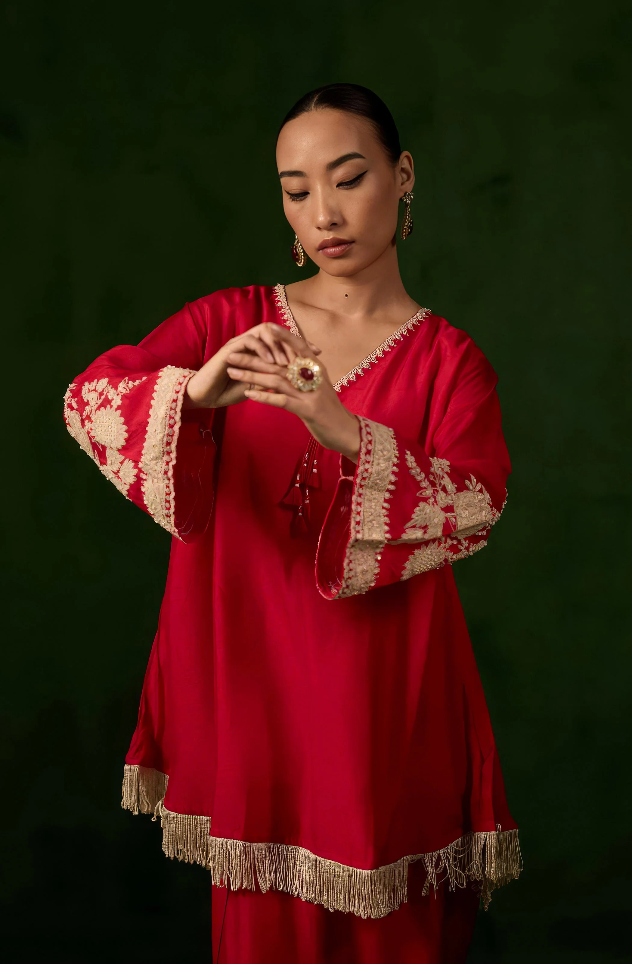 Bright Red Embellished Raw Silk Co-Ord Set - Image 4