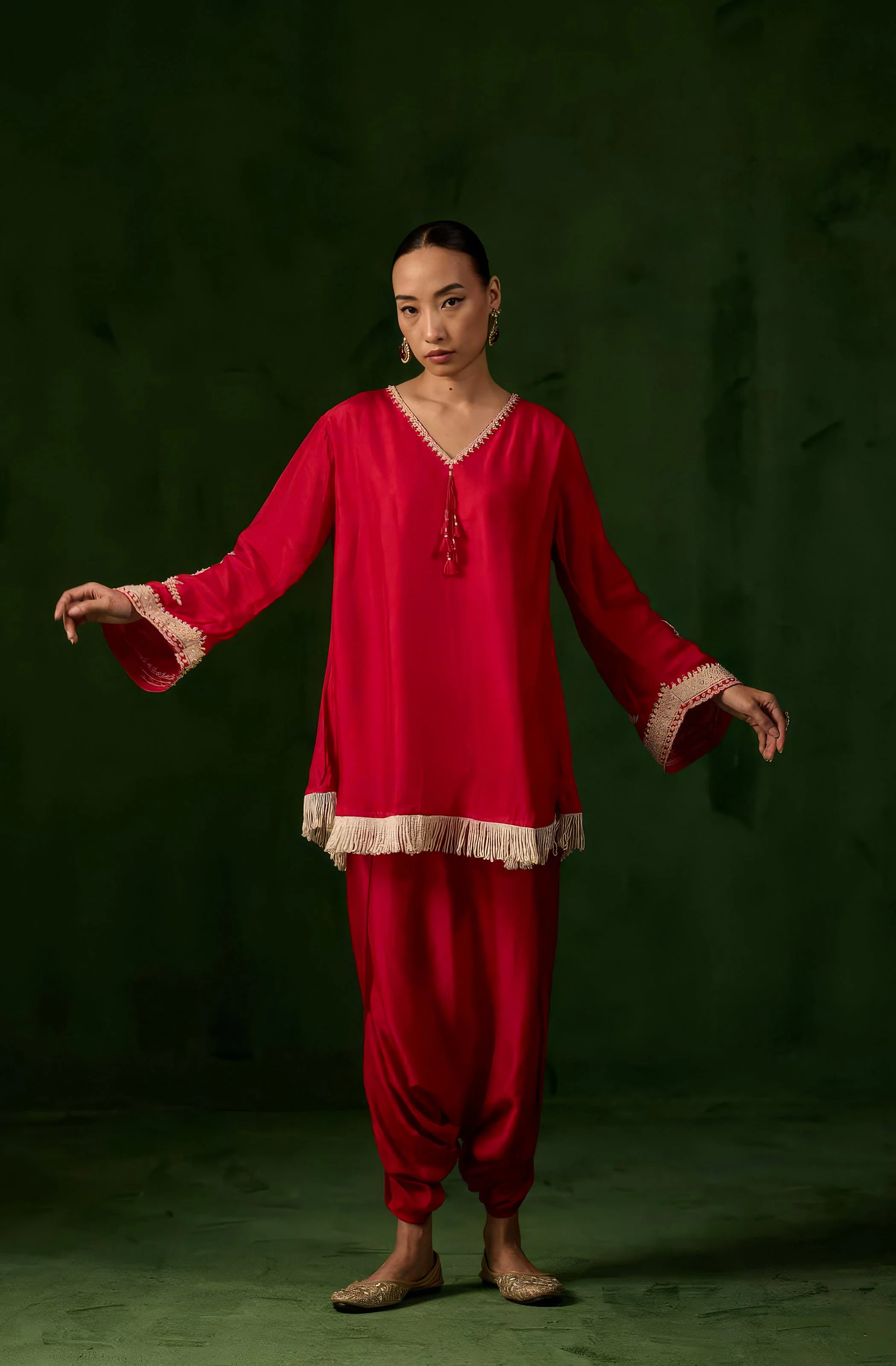 Bright Red Embellished Raw Silk Co-Ord Set - Image 5