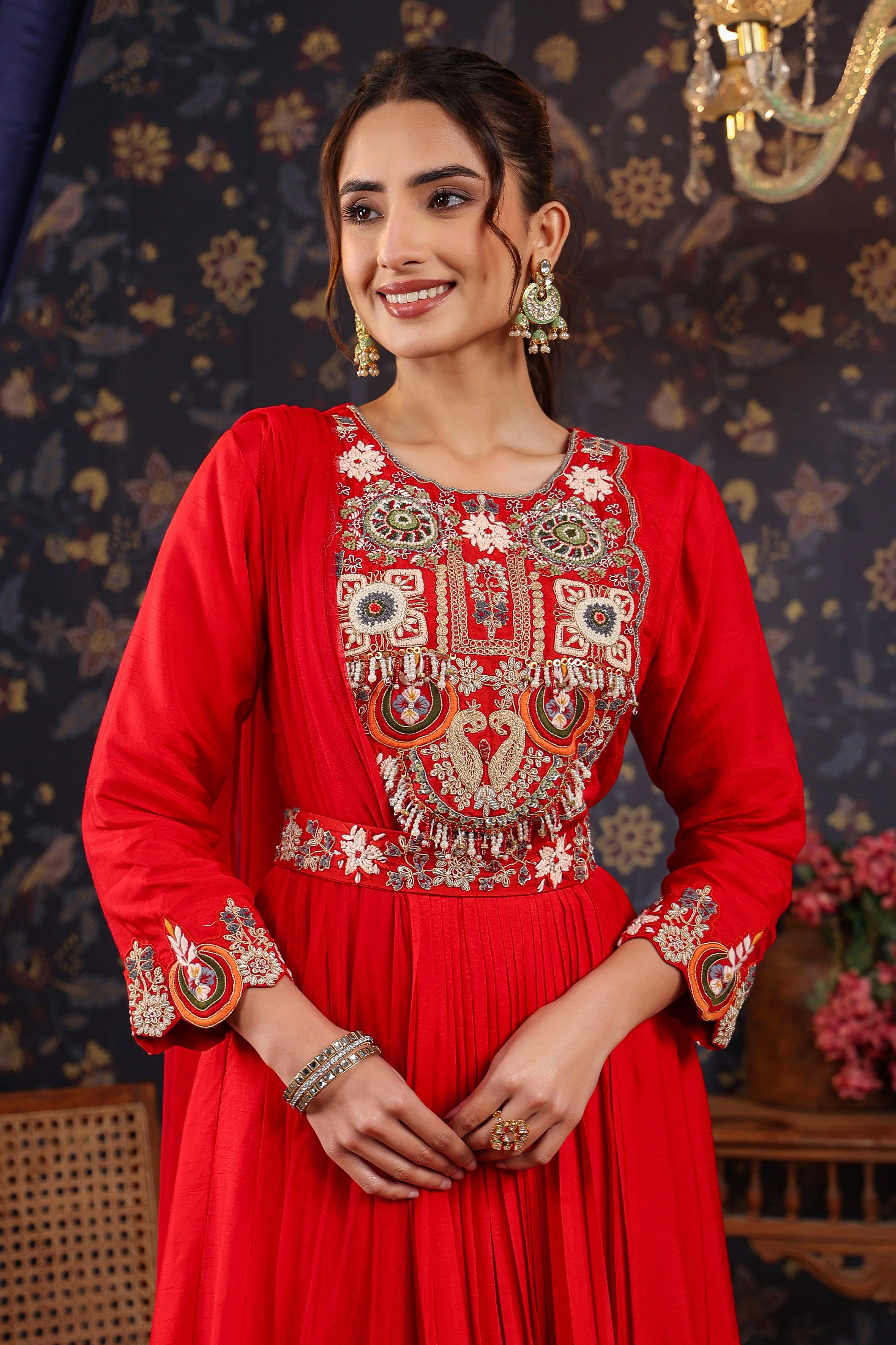 Bright Red Embroidered Chanderi Silk Anarkali Set - Image 2