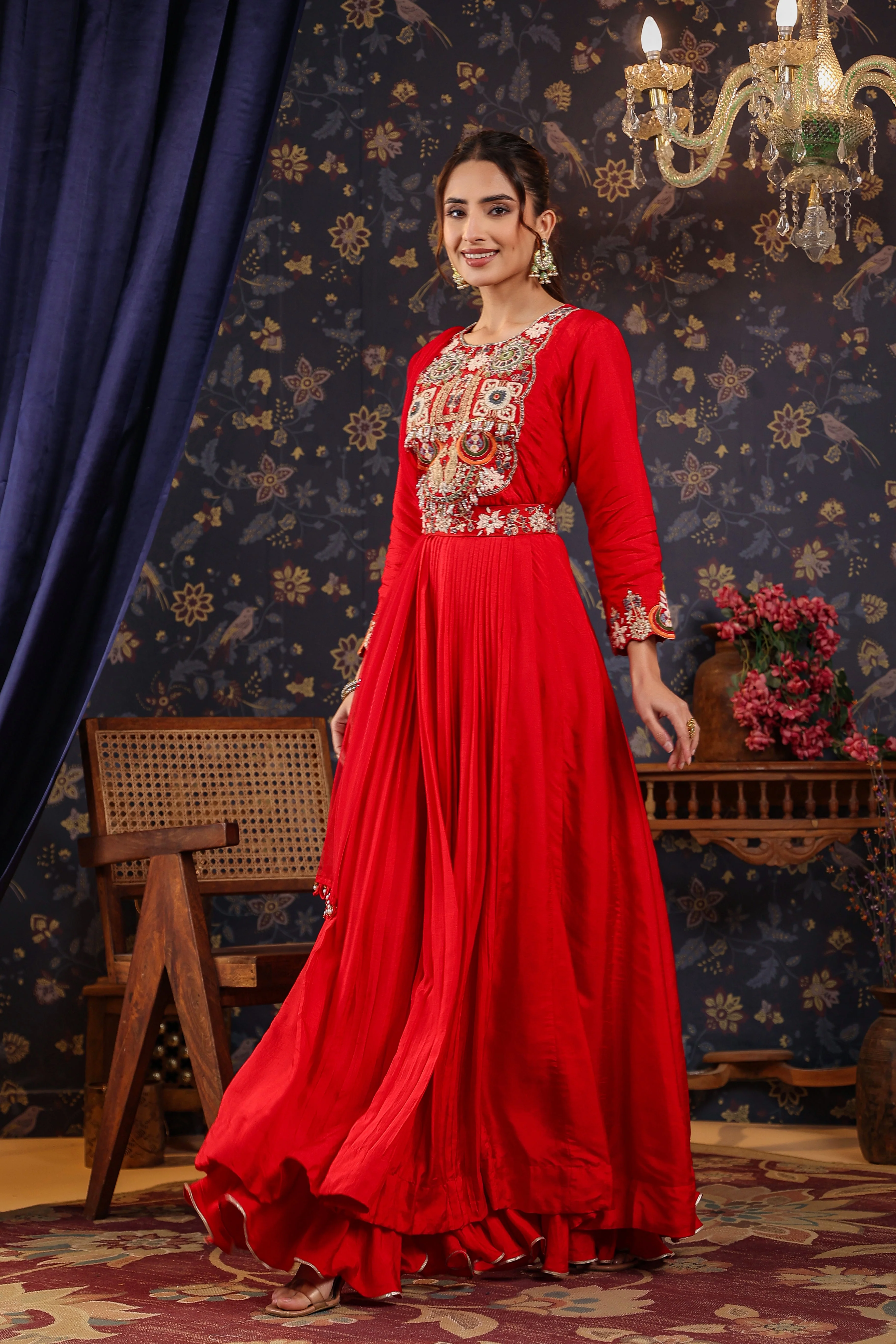 Bright Red Embroidered Chanderi Silk Anarkali Set - Image 3