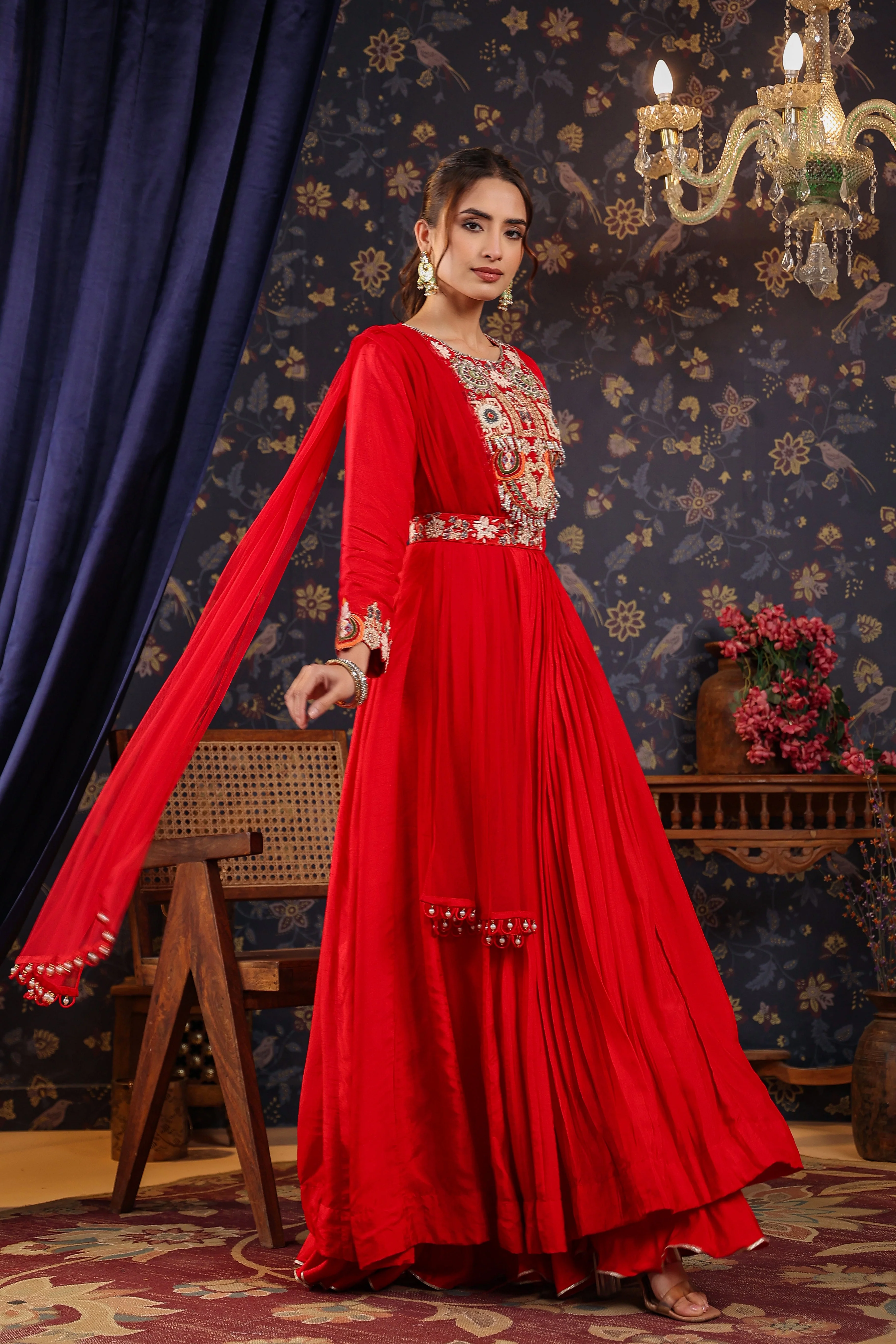 Bright Red Embroidered Chanderi Silk Anarkali Set - Image 4
