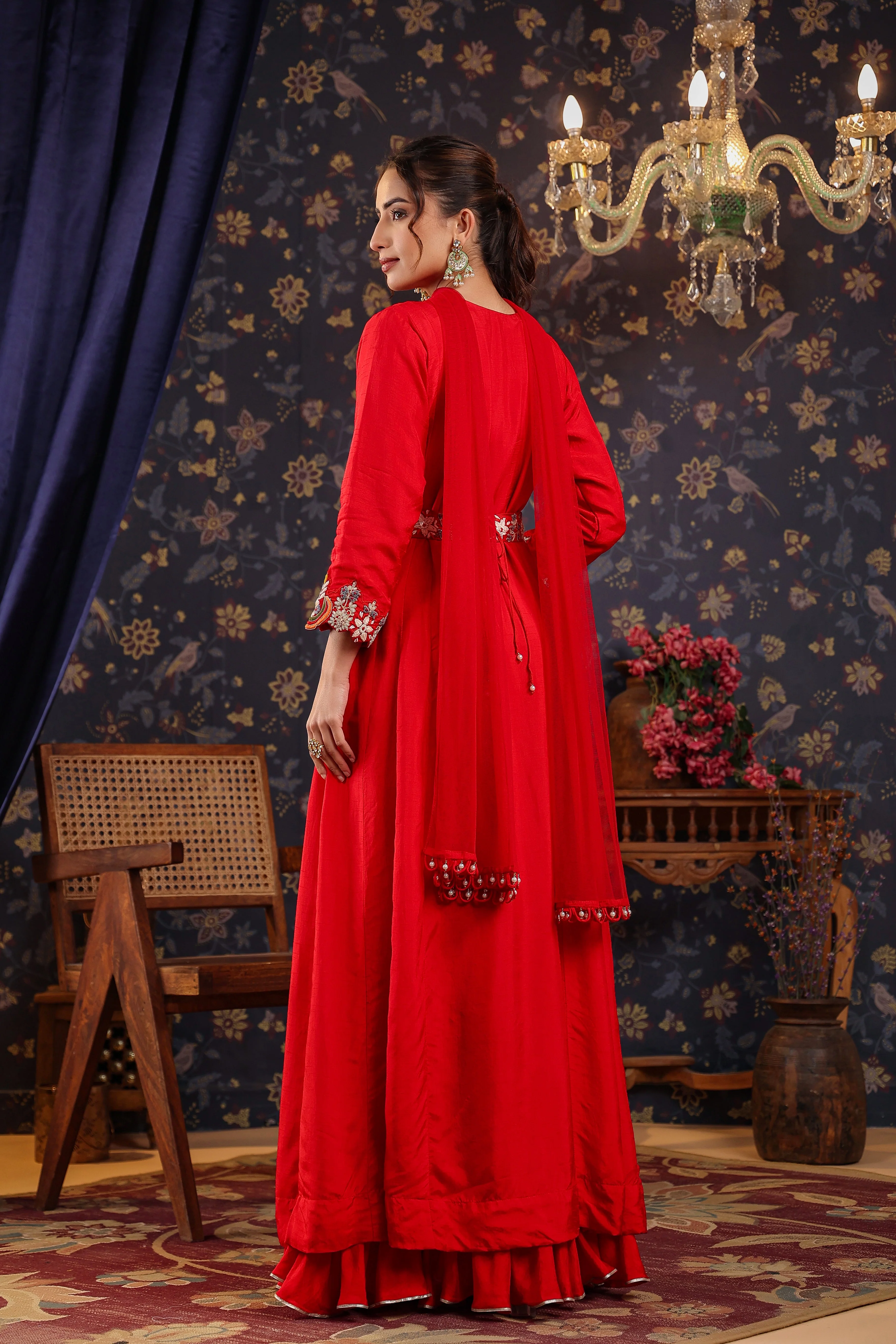 Bright Red Embroidered Chanderi Silk Anarkali Set - Image 5