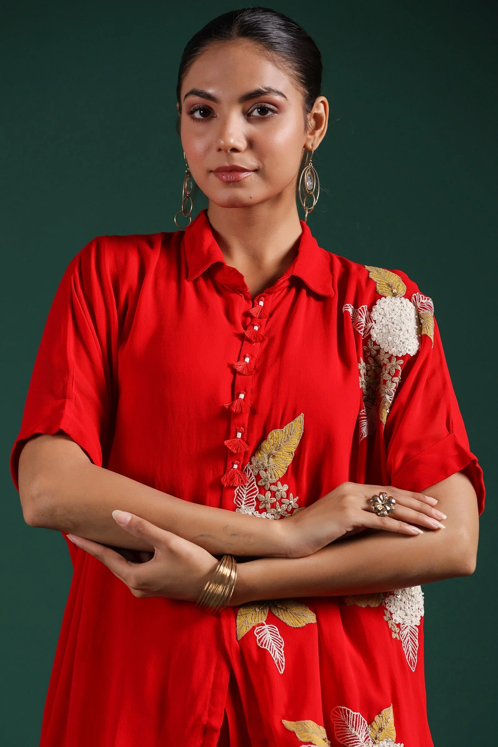 Bright Red Embroidered Premium Georgette Skirt Set - Image 2