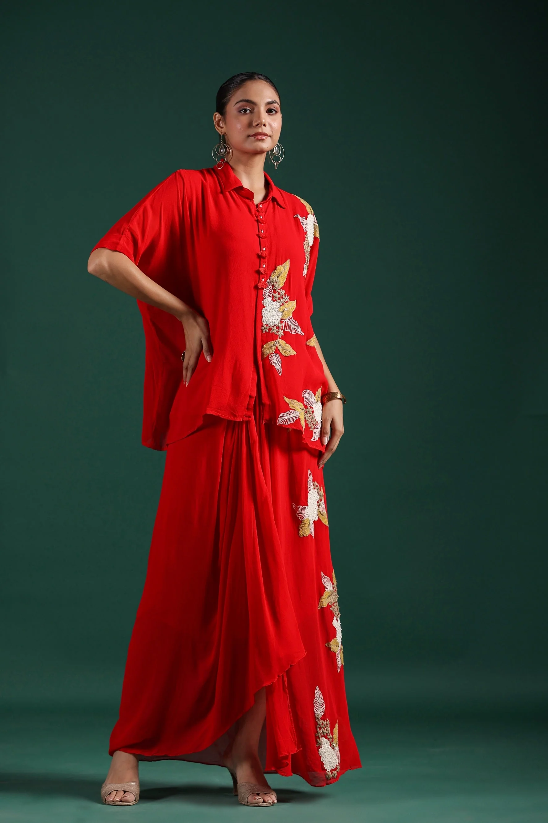 Bright Red Embroidered Premium Georgette Skirt Set - Image 3