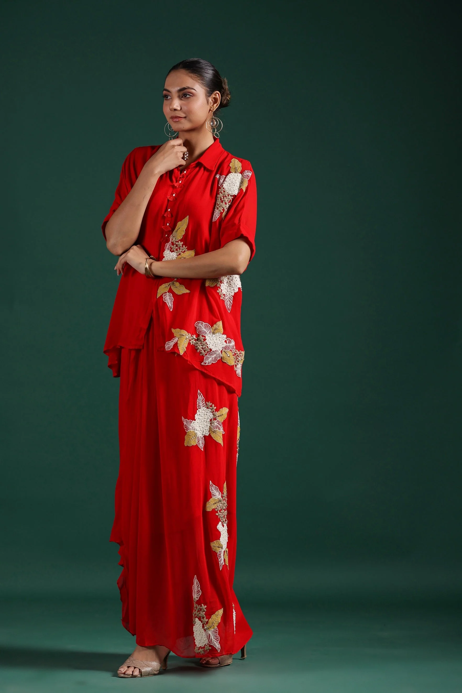 Bright Red Embroidered Premium Georgette Skirt Set - Image 4