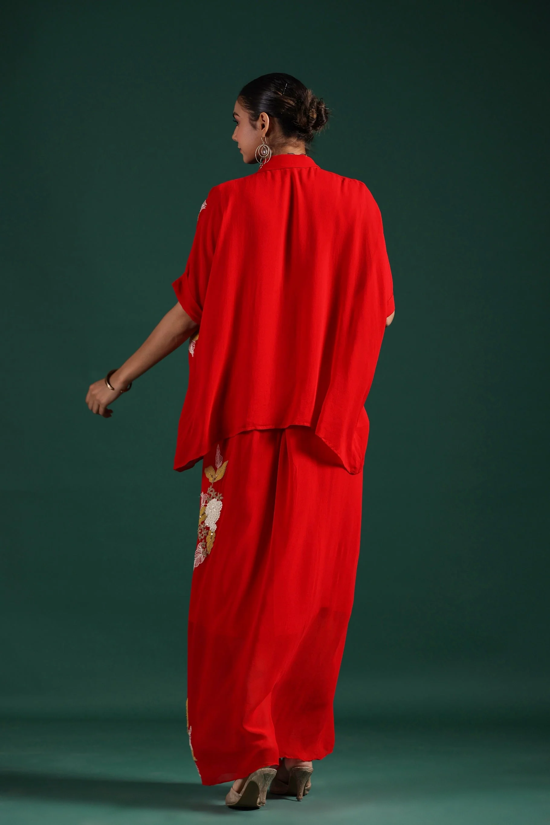 Bright Red Embroidered Premium Georgette Skirt Set - Image 5