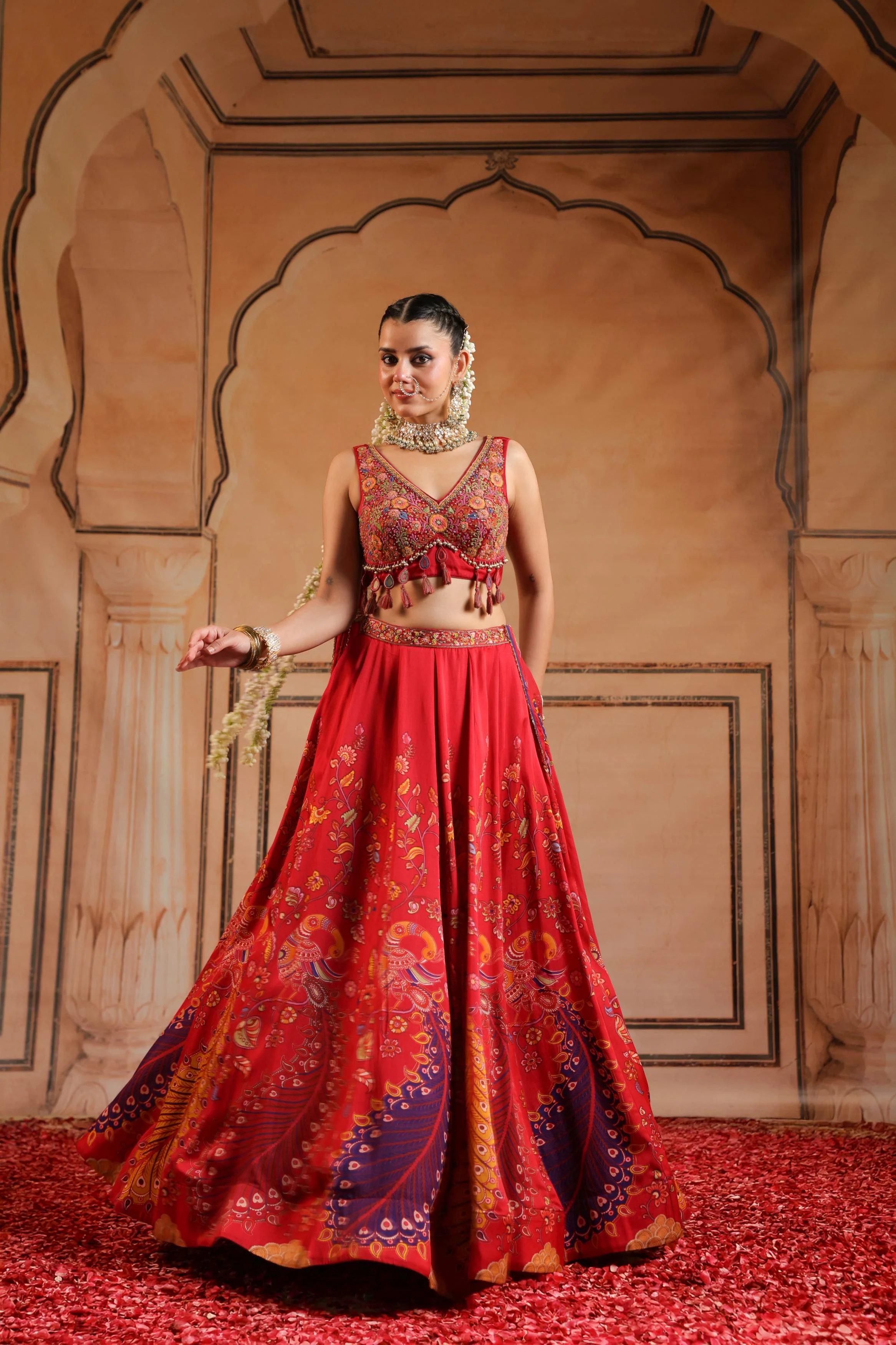 Bright Red Embellished Satin Silk Lehenga Set - Image 3