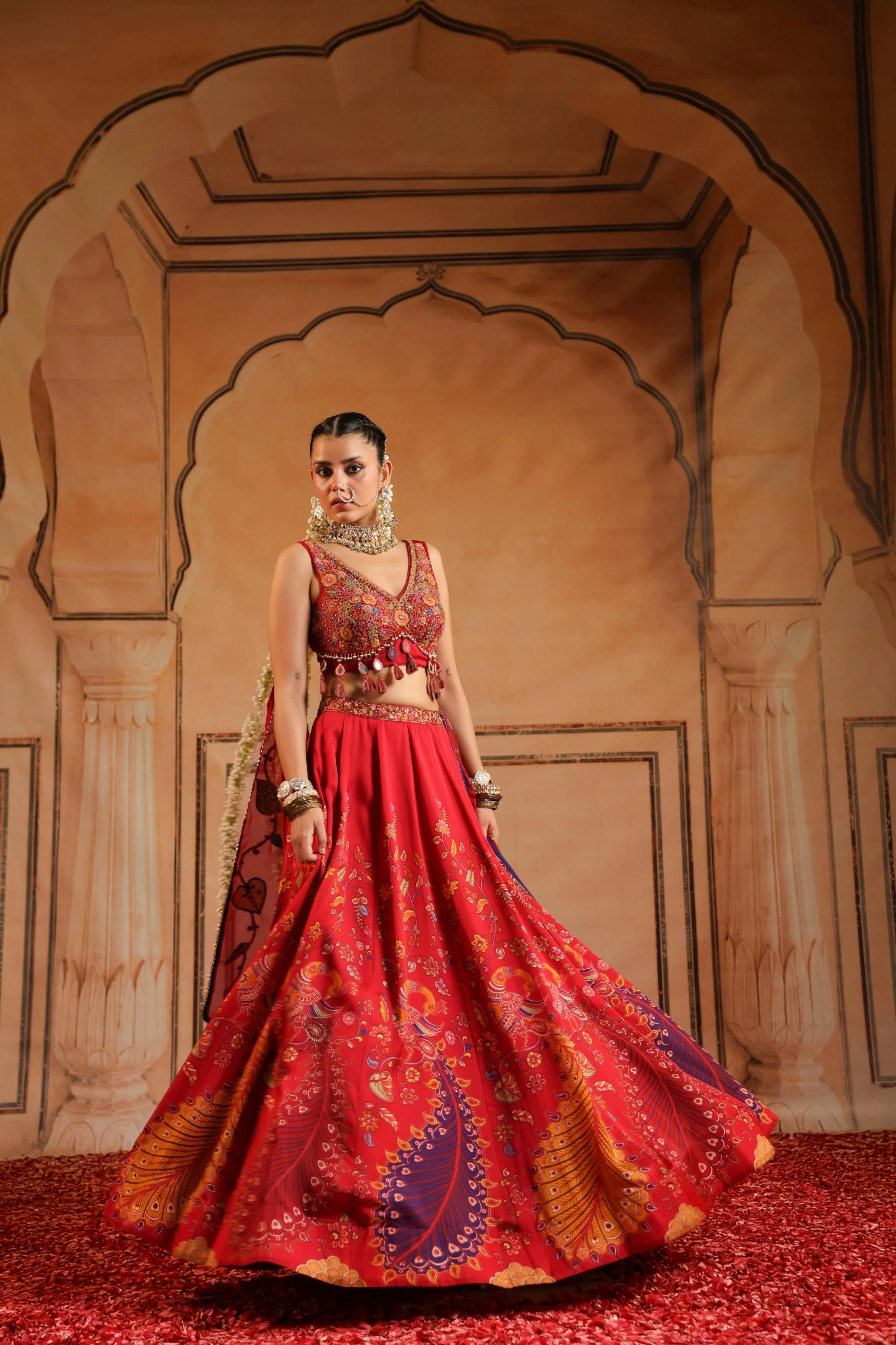 Bright Red Embellished Satin Silk Lehenga Set - Image 4