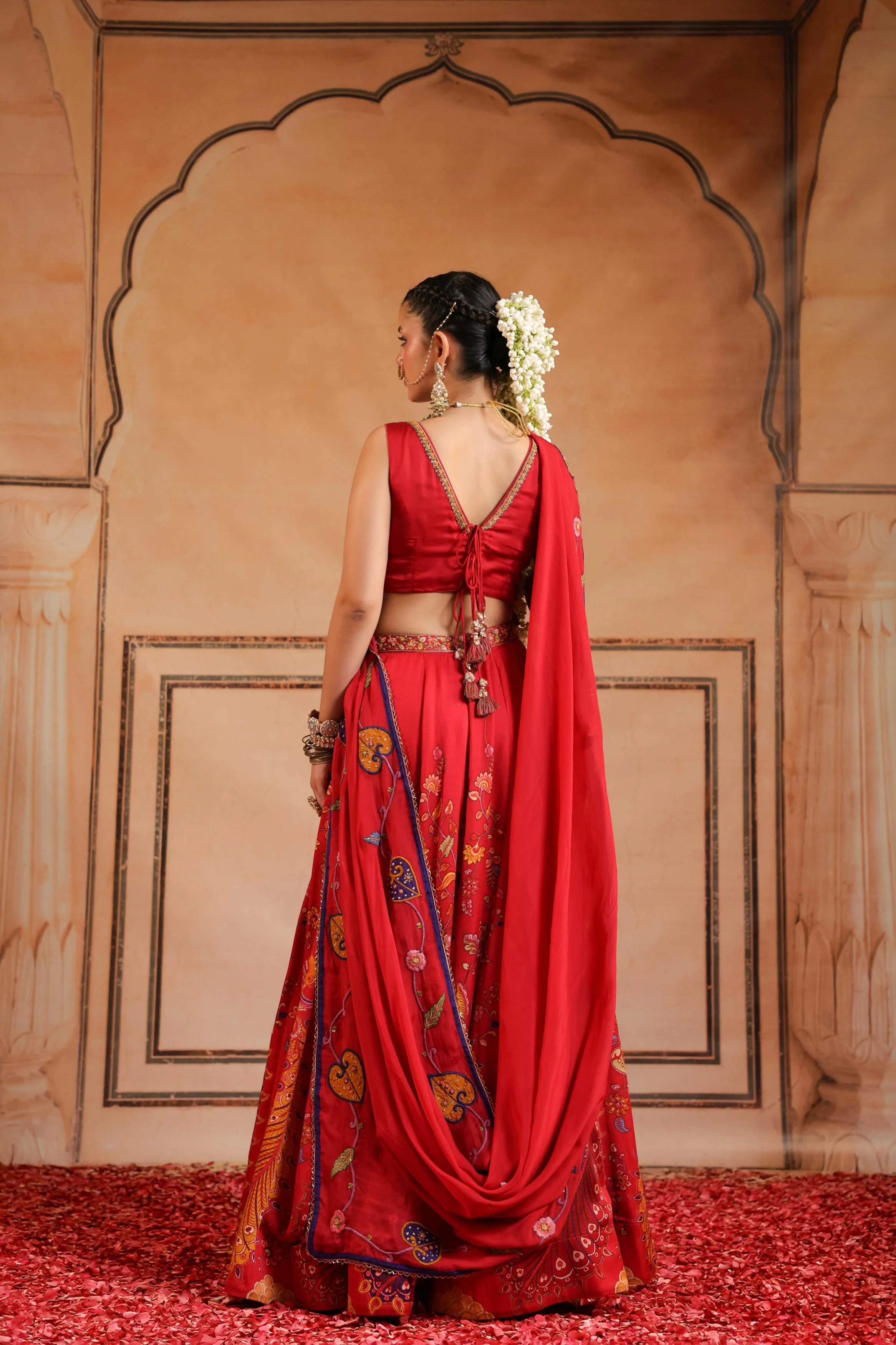 Bright Red Embellished Satin Silk Lehenga Set - Image 5