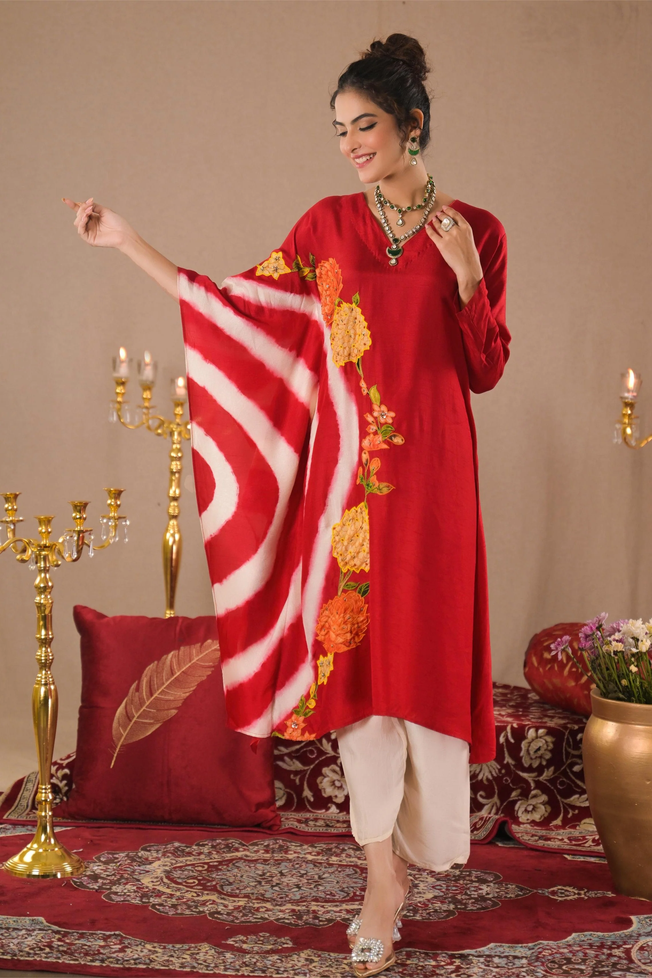 Bright Red Leheriya Printed Raw Silk Kurta Set - Image 3