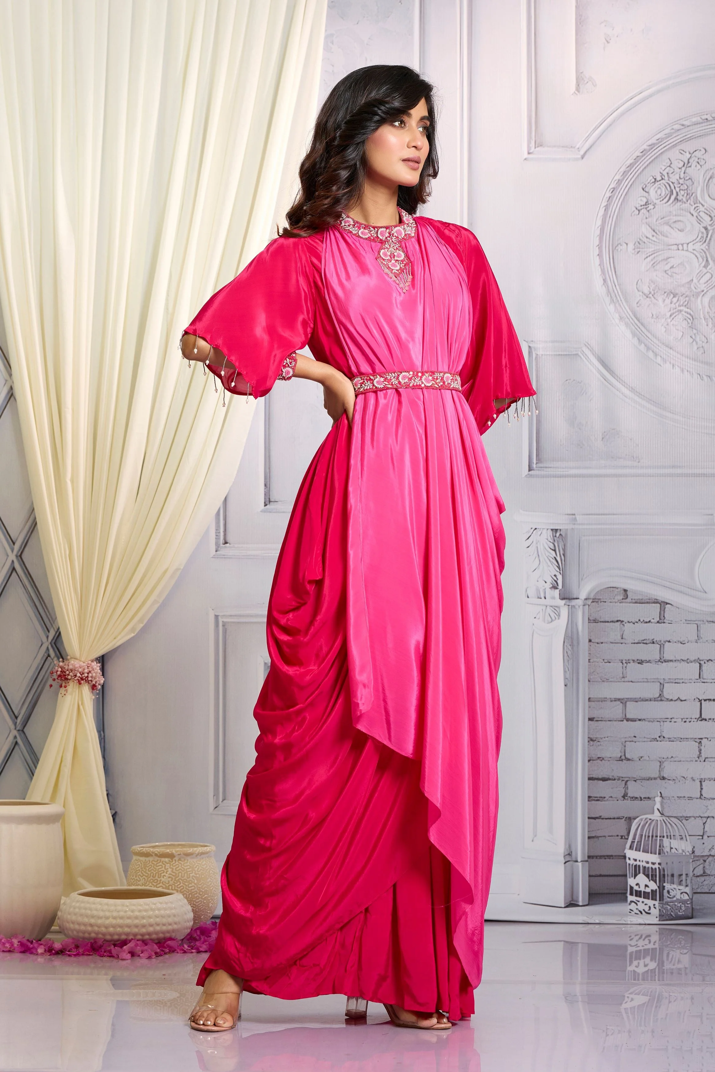 Blush Pink Embellished Chinon Silk Gown - Image 3
