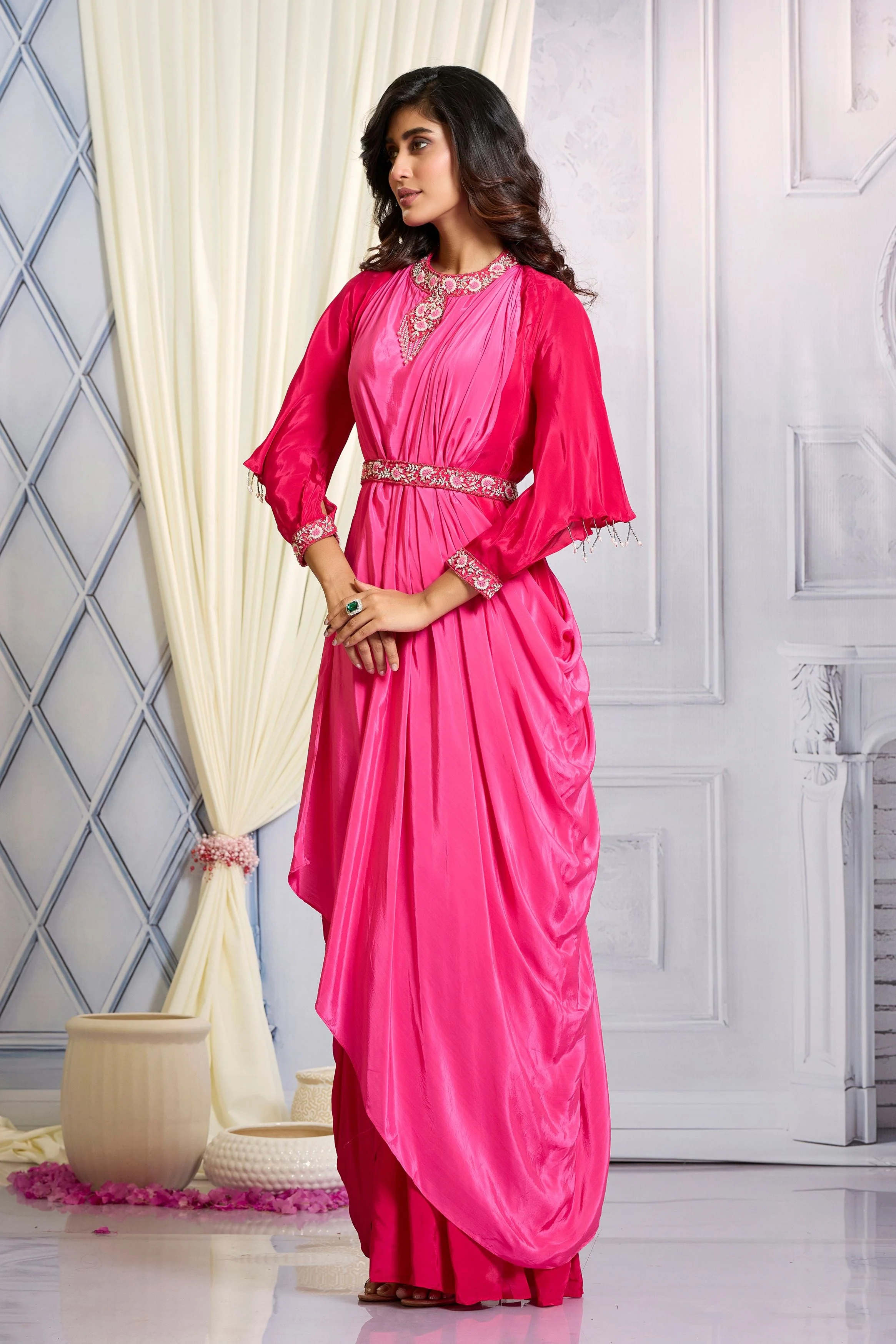 Blush Pink Embellished Chinon Silk Gown - Image 4
