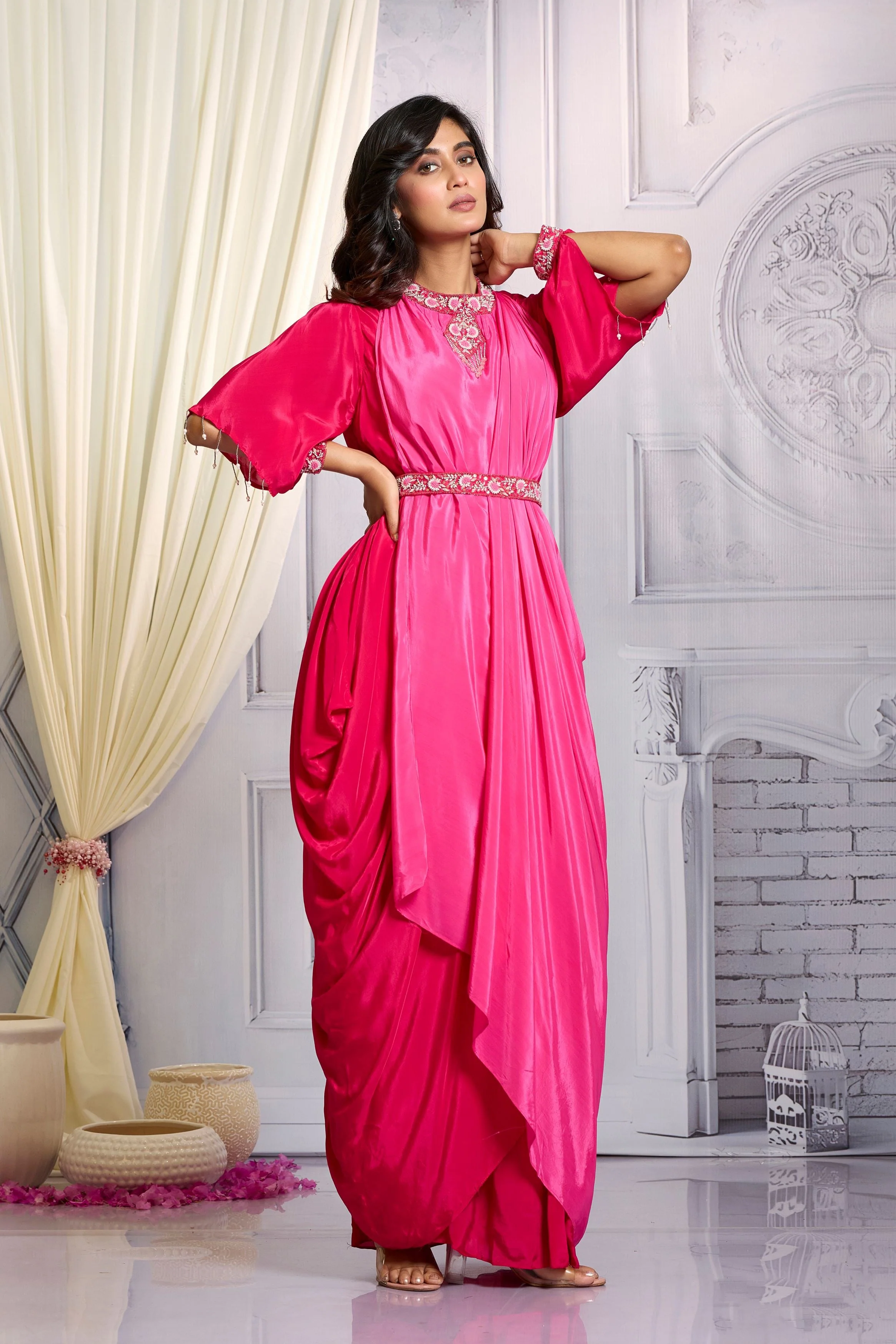 Blush Pink Embellished Chinon Silk Gown - Image 5