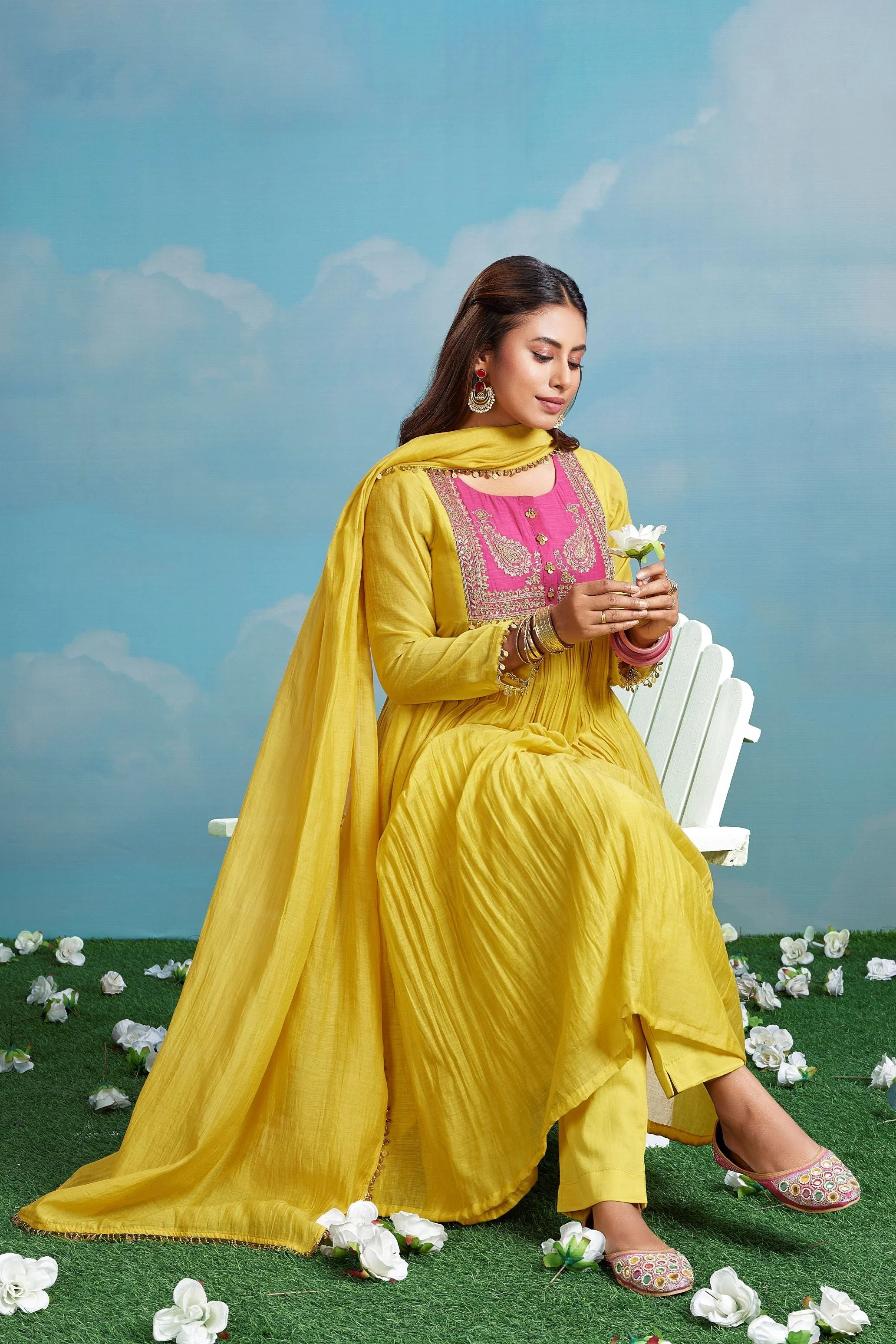 Bright Yellow Embellished Chanderi Silk Anarkali Set - Image 2