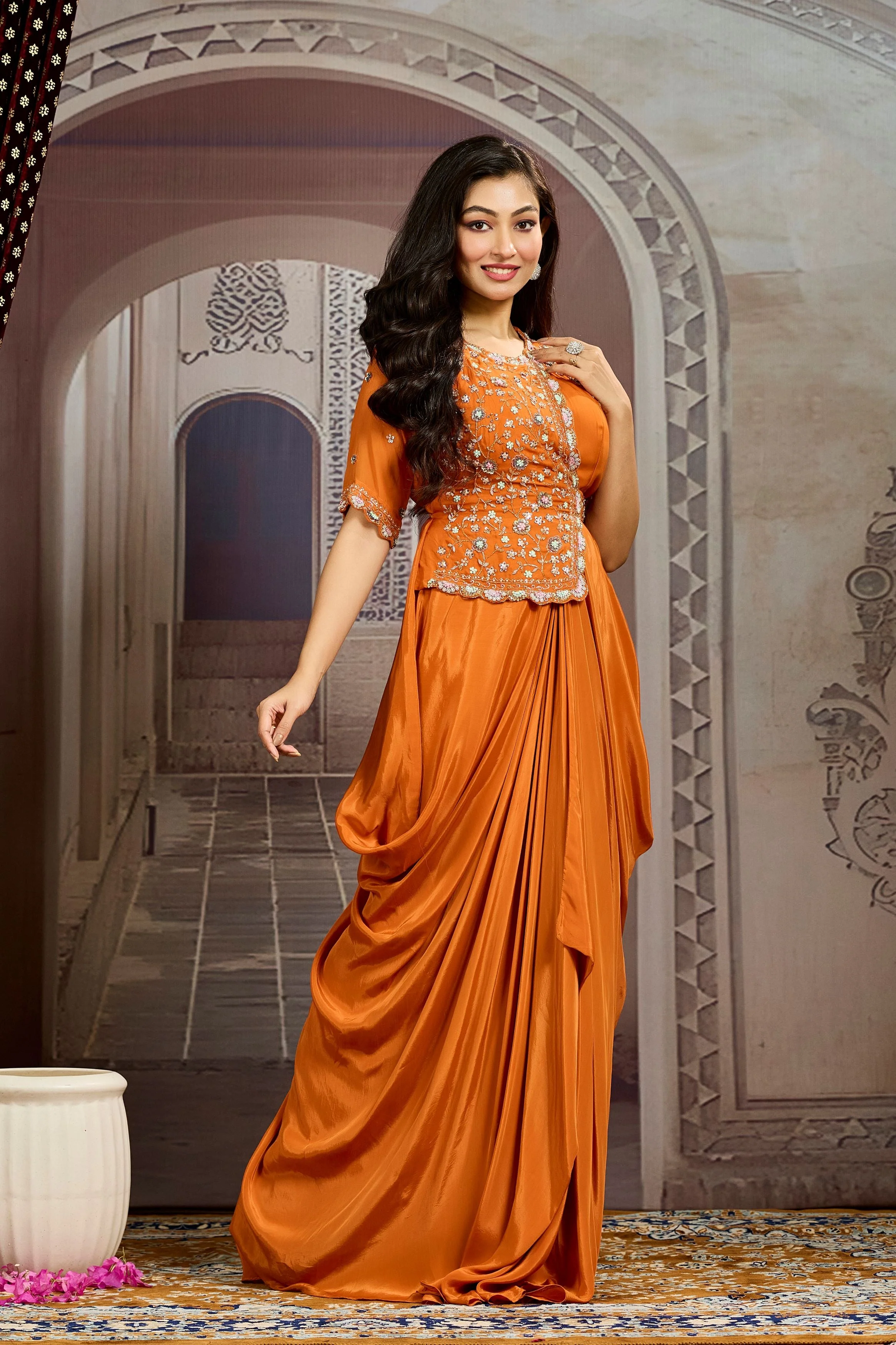 Bright Orange Embellished Chinon Silk Drape Gown - Image 3