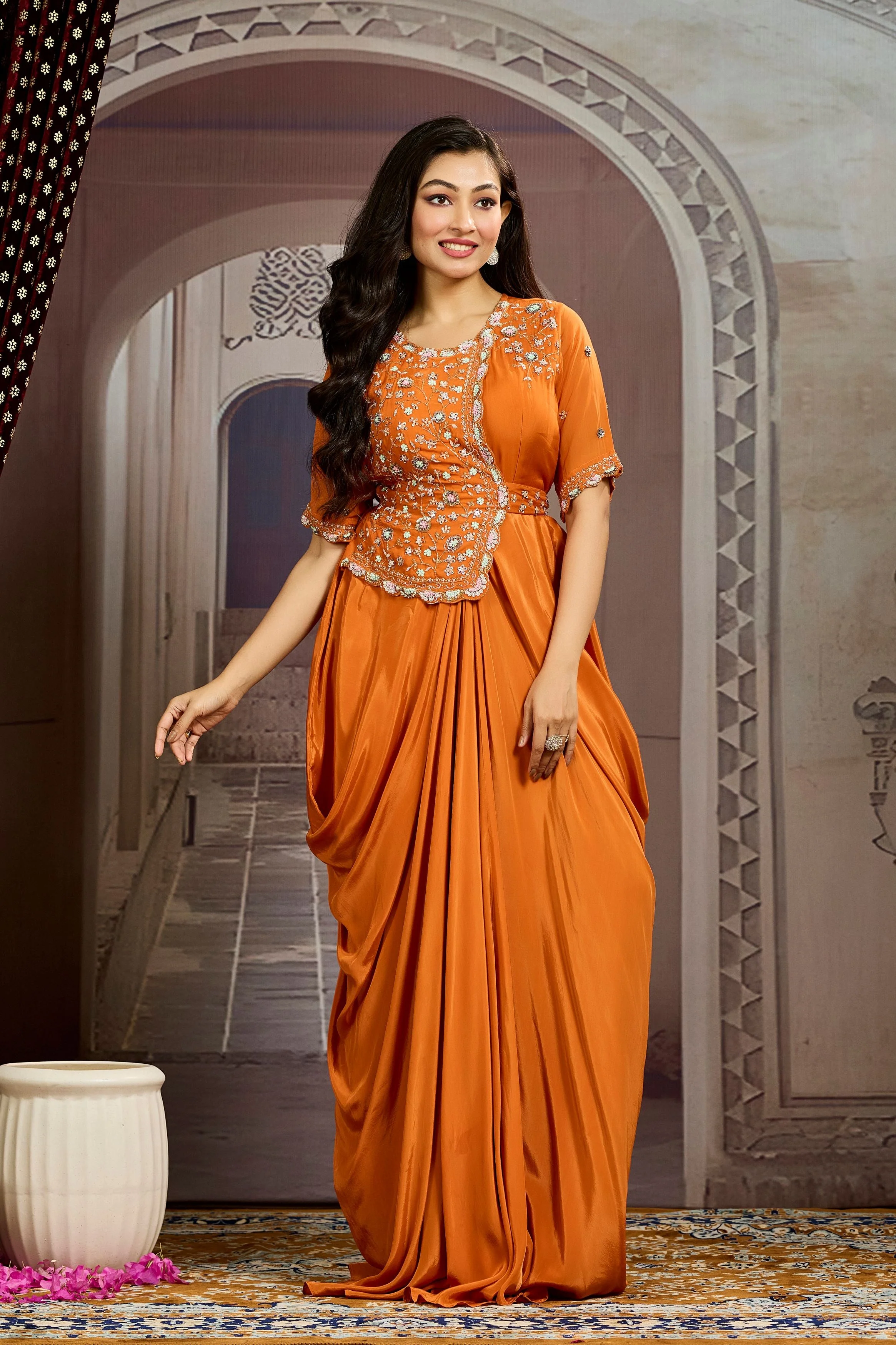 Bright Orange Embellished Chinon Silk Drape Gown - Image 5