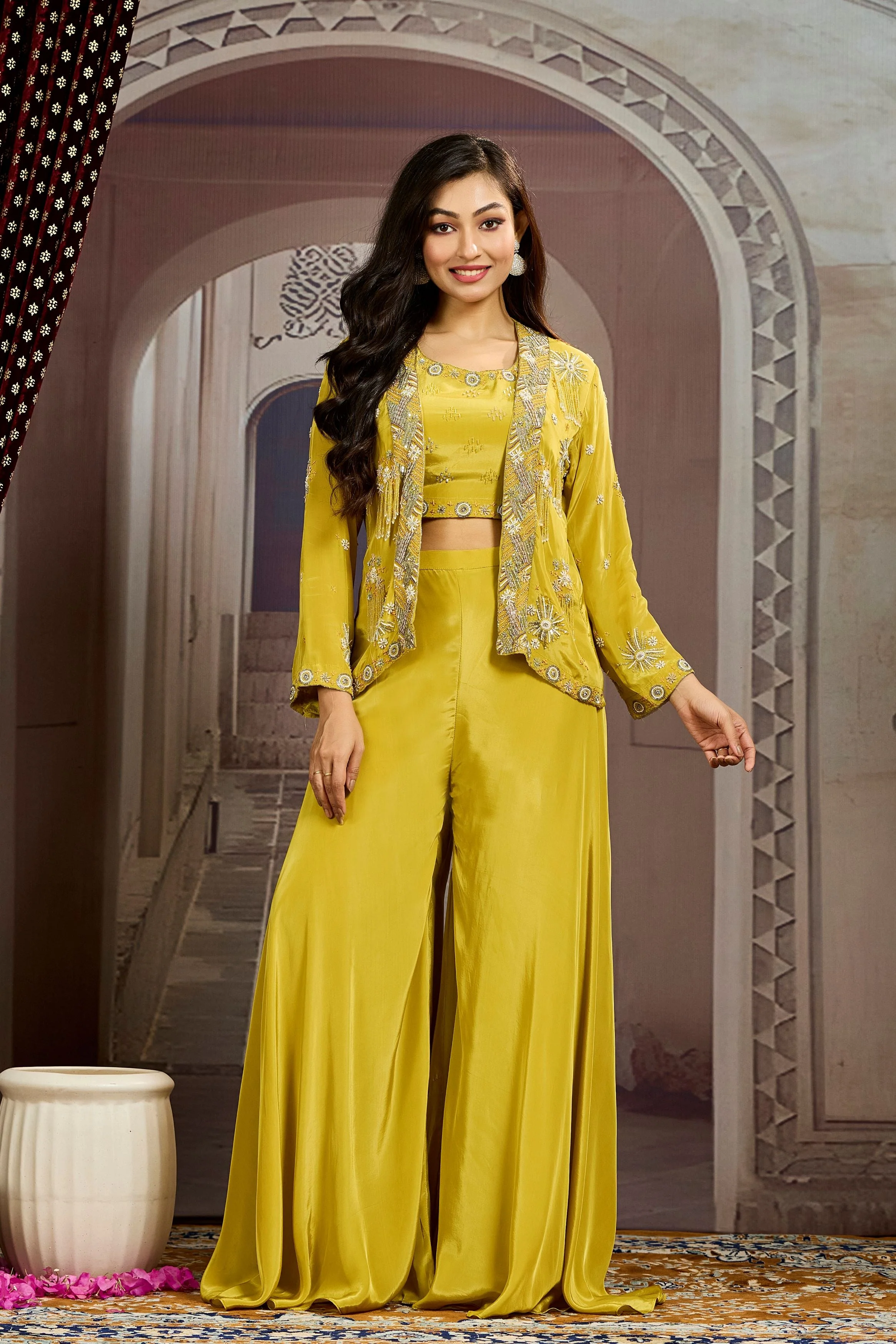 Bright Yellow Embellished Chinon Silk Jacket Sharara Set - Image 3