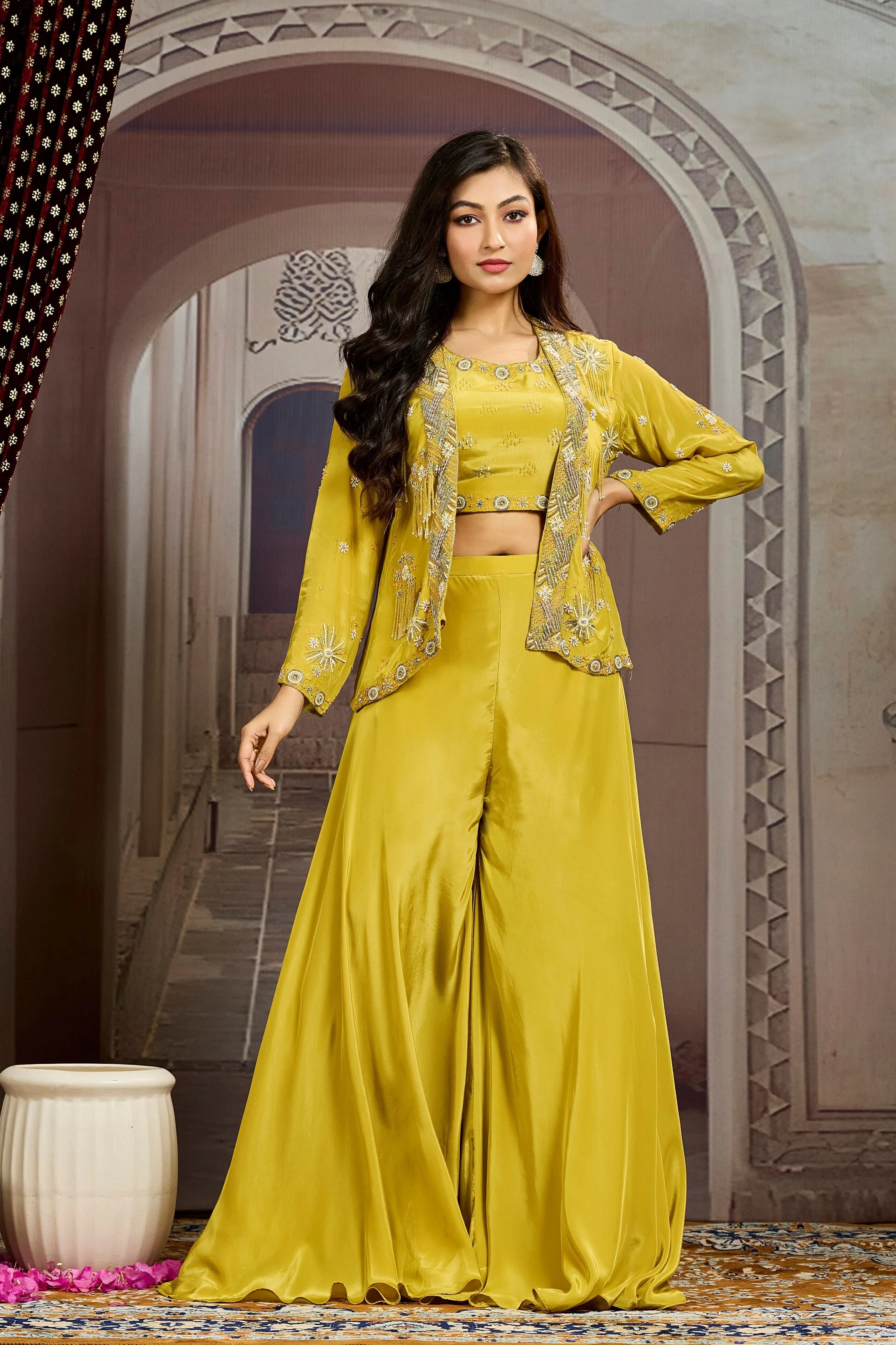 Bright Yellow Embellished Chinon Silk Jacket Sharara Set - Image 4