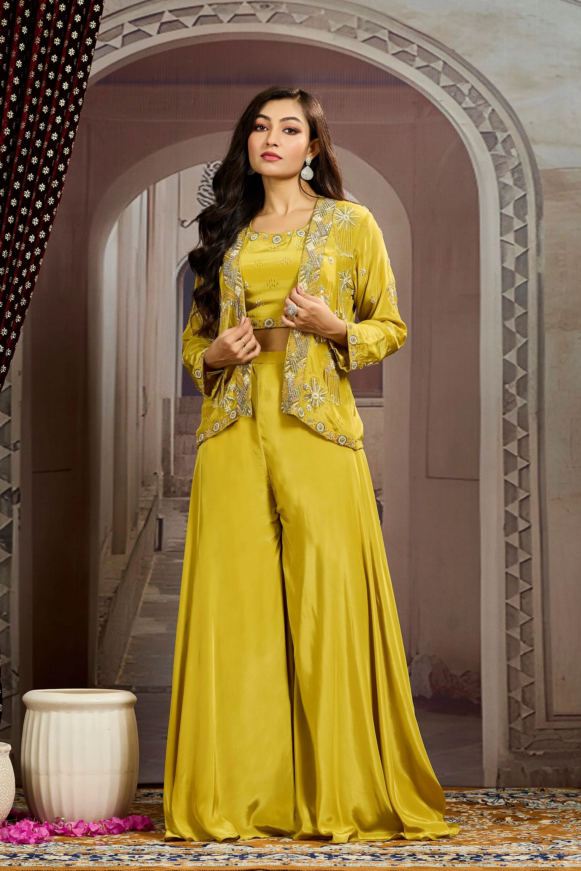 Bright Yellow Embellished Chinon Silk Jacket Sharara Set - Image 5